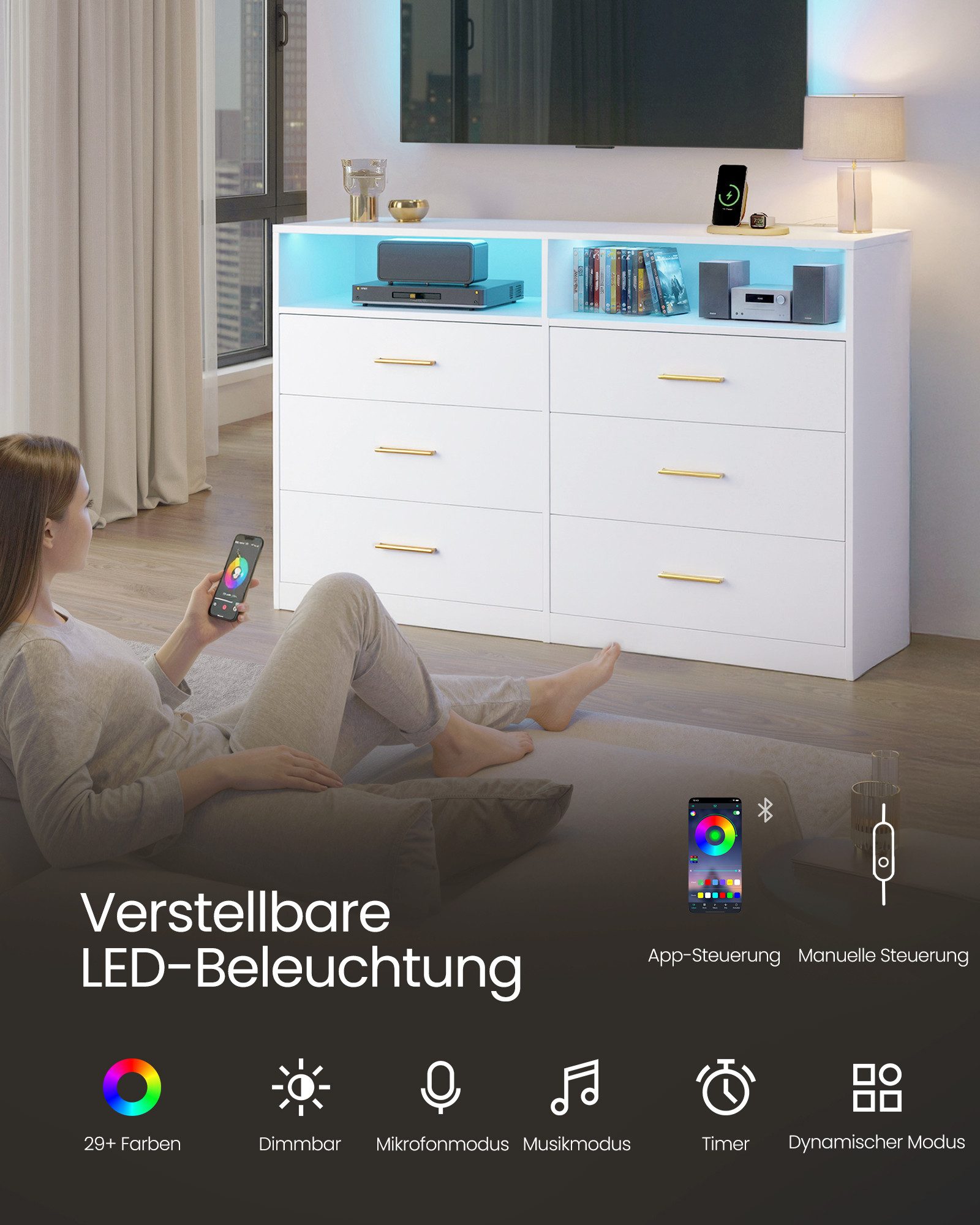 VASAGLE Kommode, Kommodenschrank mit LED-Beleuchtung und Steckdosenleiste, Sideboard