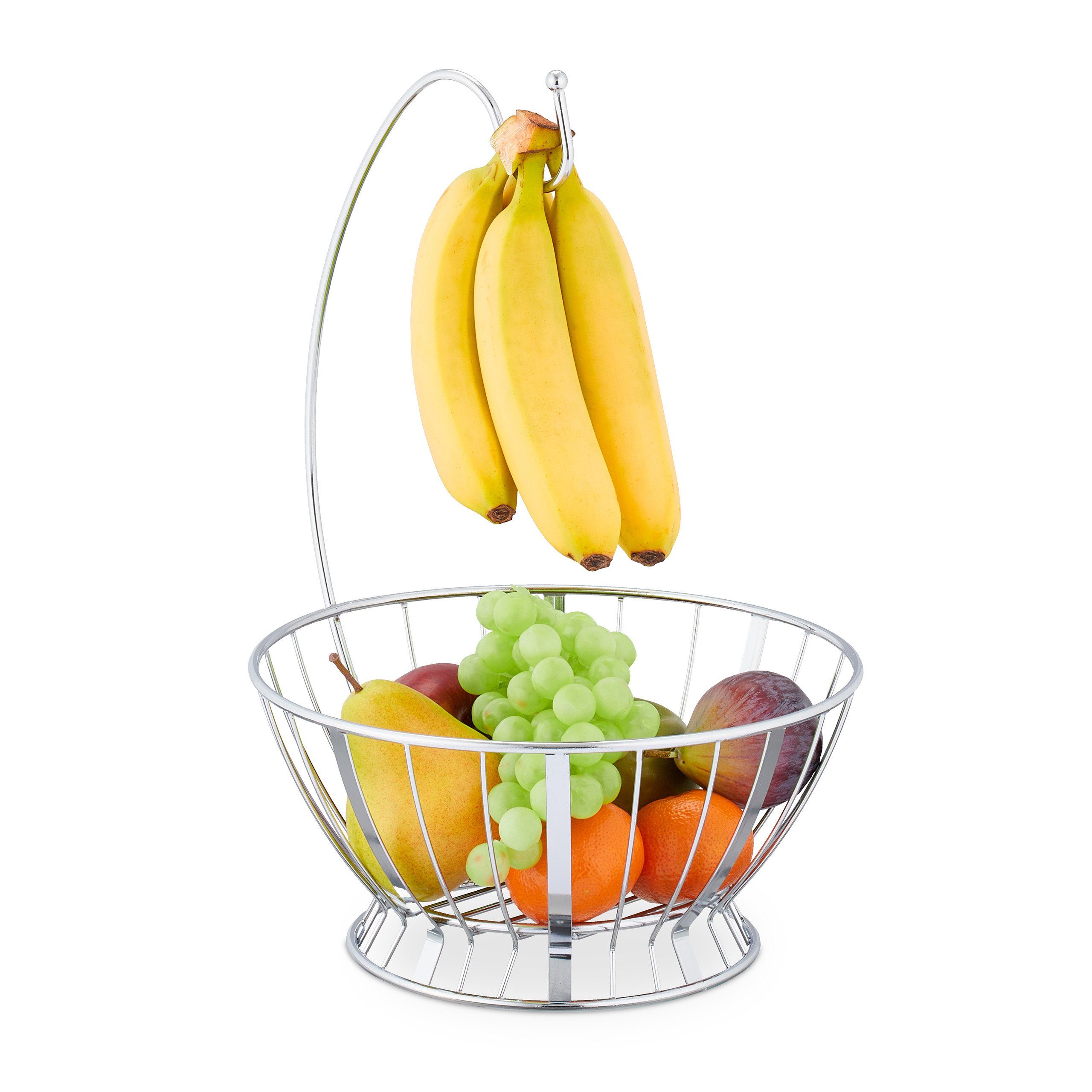 relaxdays Obstschale Obstkorb mit Bananenhalter, Eisen, Silber | Obstschalen