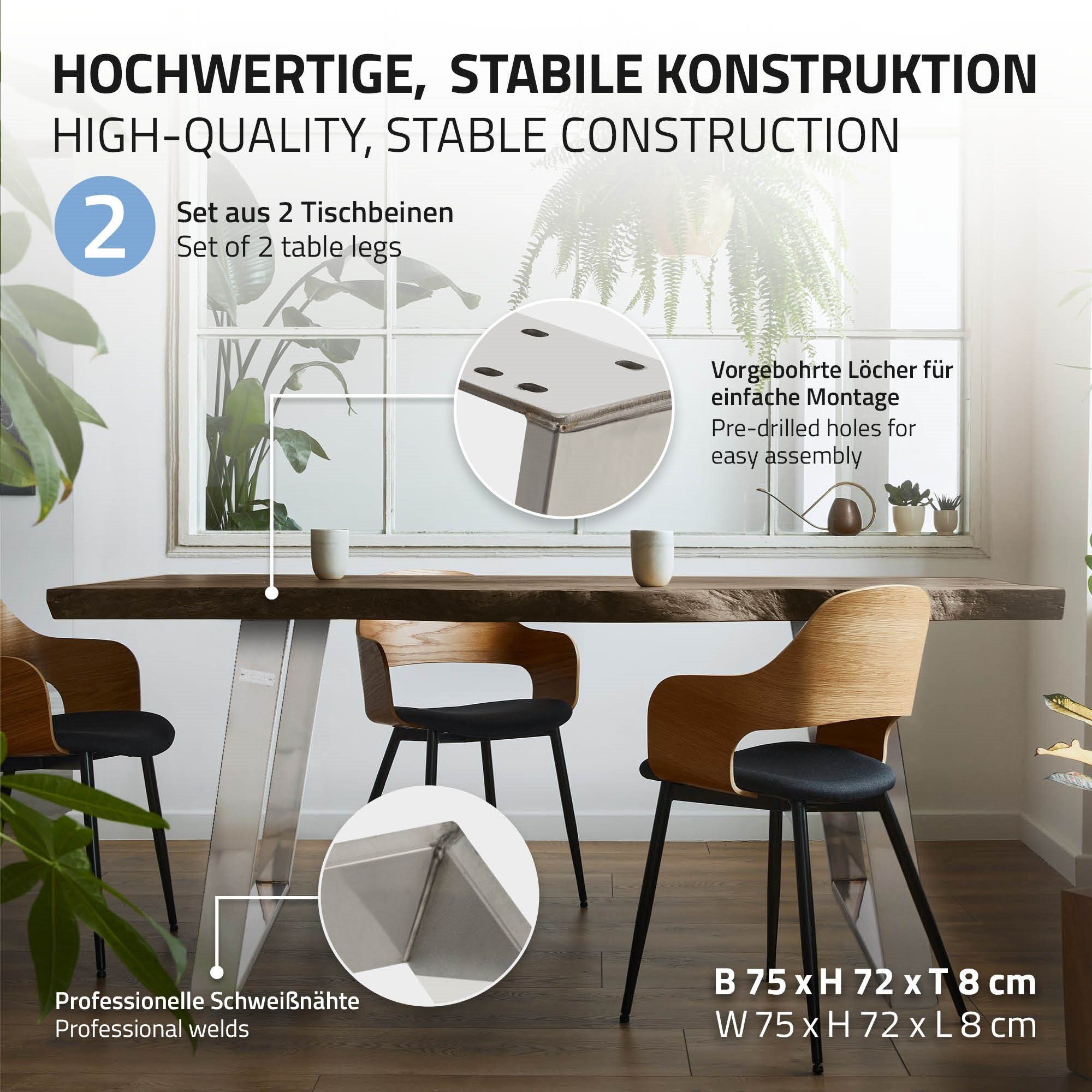 Tischbein 2er Tischgestell Silber Möbelfüße, Metall Tischkufen Möbelkufen Möbelkufen 80GRAD Neigung ML-DESIGN Tischuntergestell Set 75x72cm