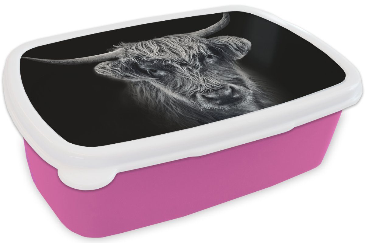 MuchoWow Lunchbox Schottischer Highlander - Kunststoff, - rosa Schwarz Tiere, - Erwachsene, Brotbox Brotdose Snackbox, (2-tlg), Mädchen, Kuh Kinder, für Kunststoff
