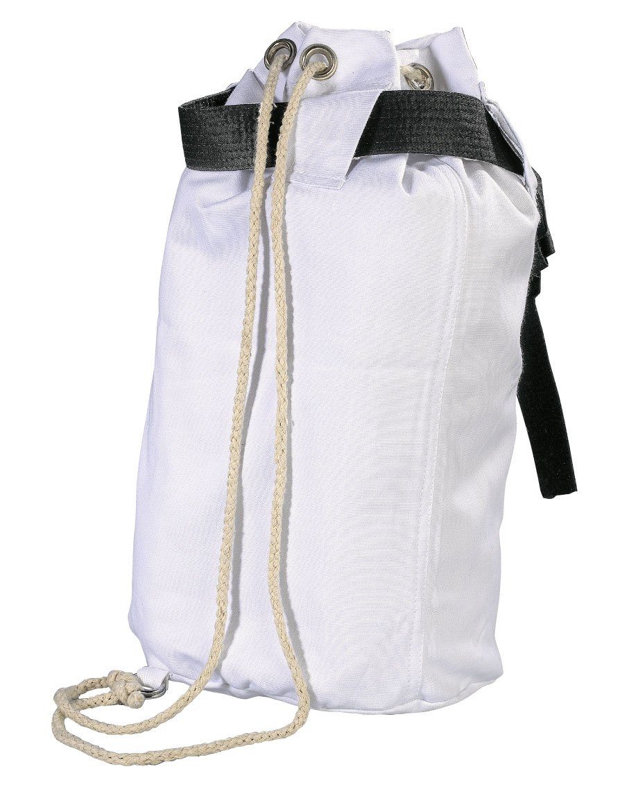 Danrho Sporttasche Karate Seesack Beutel Kinder Rucksack Turnbeutel (Kordelzug, Schnellverschluß, Baumwolle), schwarz oder weiss, Budogürtel Optik