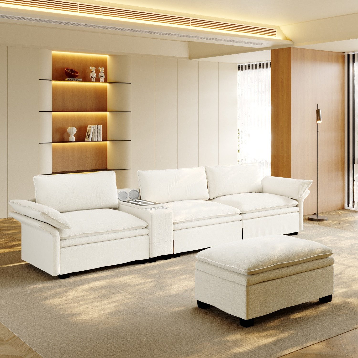 ANYSUN Sofa Modulares Sofa 315 cm breit -Chenille Cloud Couch L-Form, Multifunktionssofa mit Aufbewahrung, Ottoman, drahtloses Laden, Lautsprecher, Couches für Wohnzimmer, Büro,Mit Chaiselongue