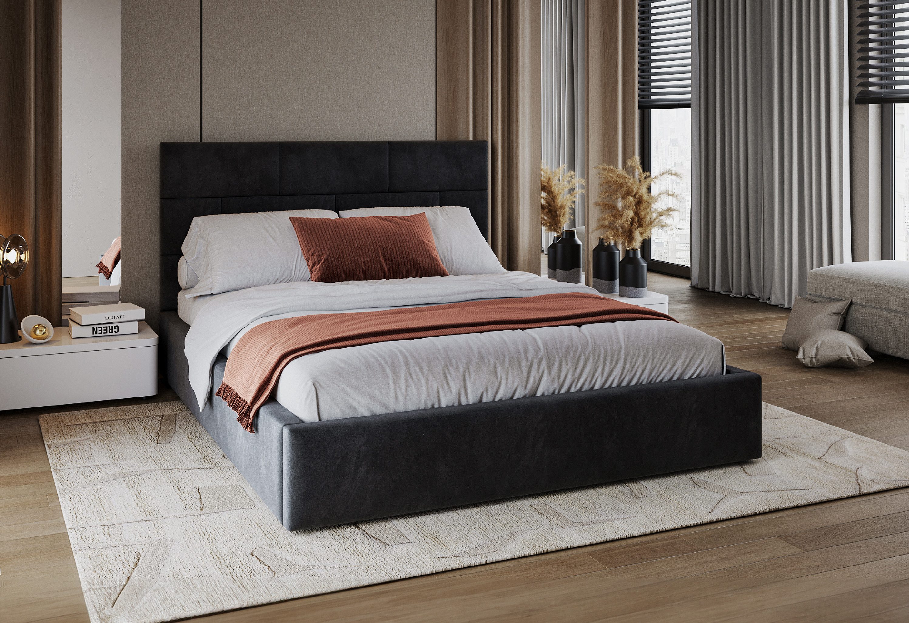 FDM Polsterbett ALA modern mit Bettkasten MADE IN EU - mit hochwertigem Paris Bezug (verfügbar 90x200 120x200 140x200 160x200 180x200cm, Bettrahmen, Bett, mit großen gepolsterten Kopfteil, mit Bettkasten zum aufklappen), Hebbarer Metallrahmen, Bettkasten, mit/ohne Matratze