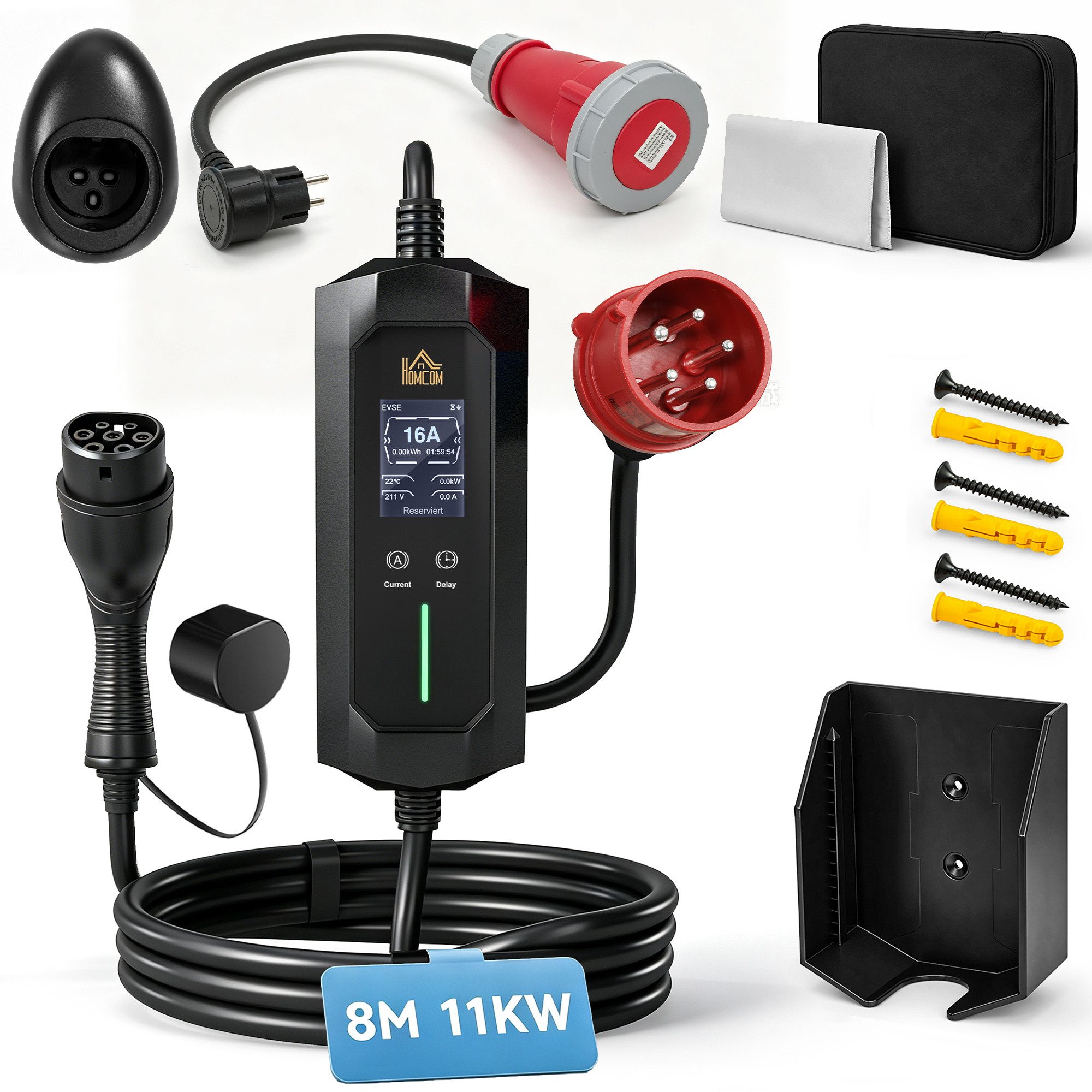 HOMCOM Tragbare Wallbox mit Tasche Autoladekabel, CEE 16A rot, Typ 2, Typ 2, CEE 16A (800 cm), 8 m, 11 kW, IP65, Timer 1–12 h, LCD