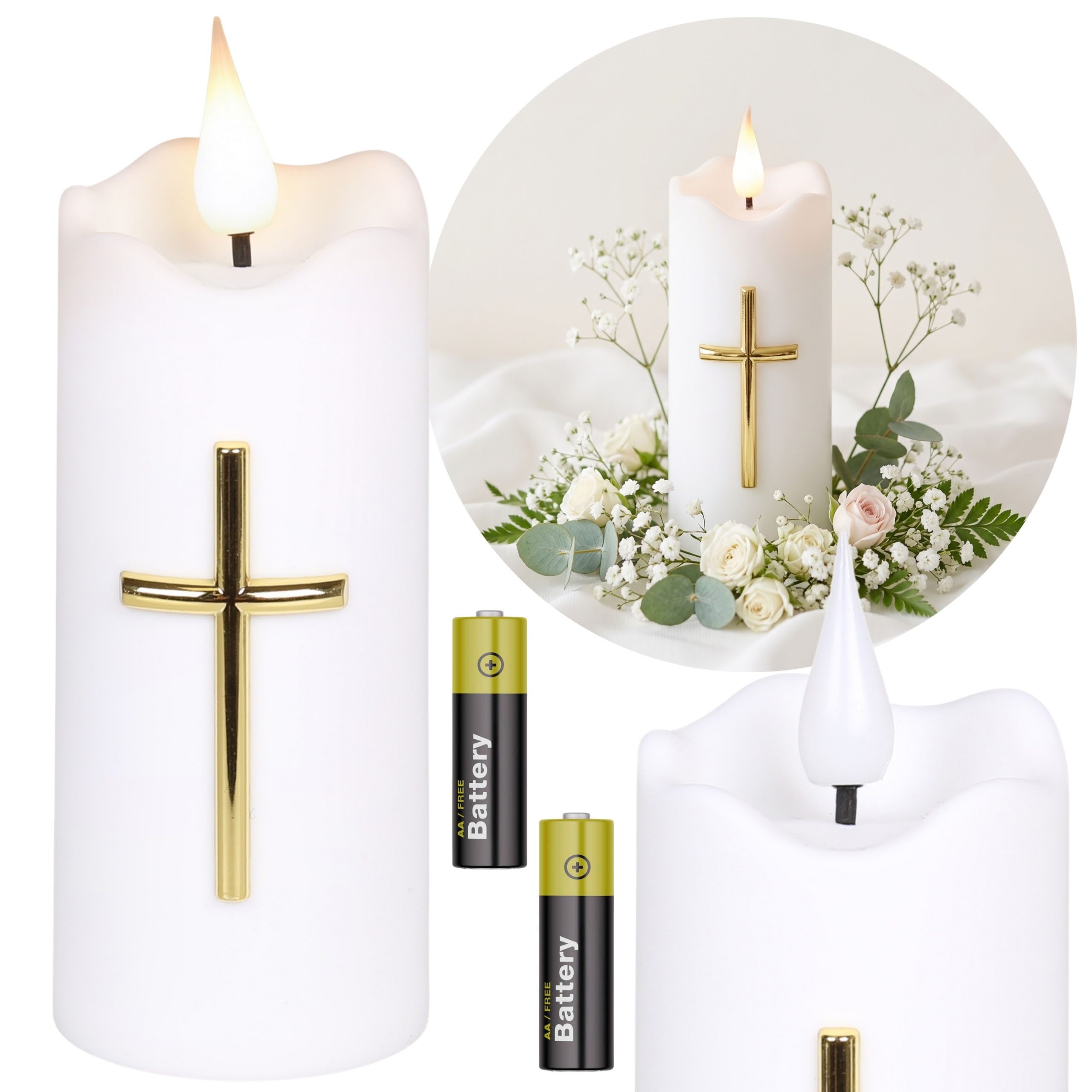 Sarcia.eu LED-Kerze Weiße LED-Kerze mit Kreuz, Flammeneffekt und Batterien, 13 cm