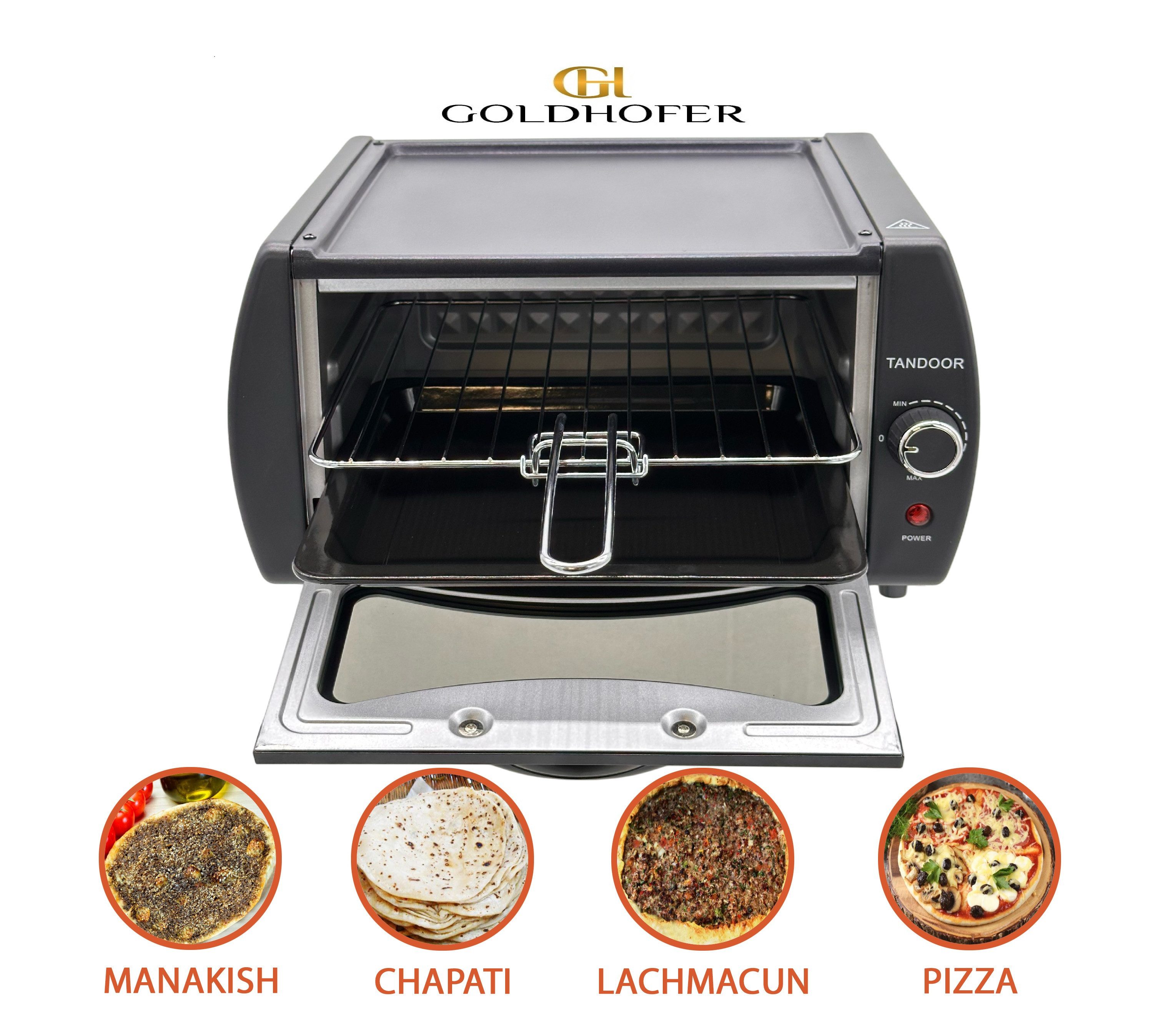 Goldhofer Pizzaofen Premium Elektrischer Tandoor-Ofen mit Grillrost & Backblech, inkl. Grillrost und Backblech, Restaurant-Qualität