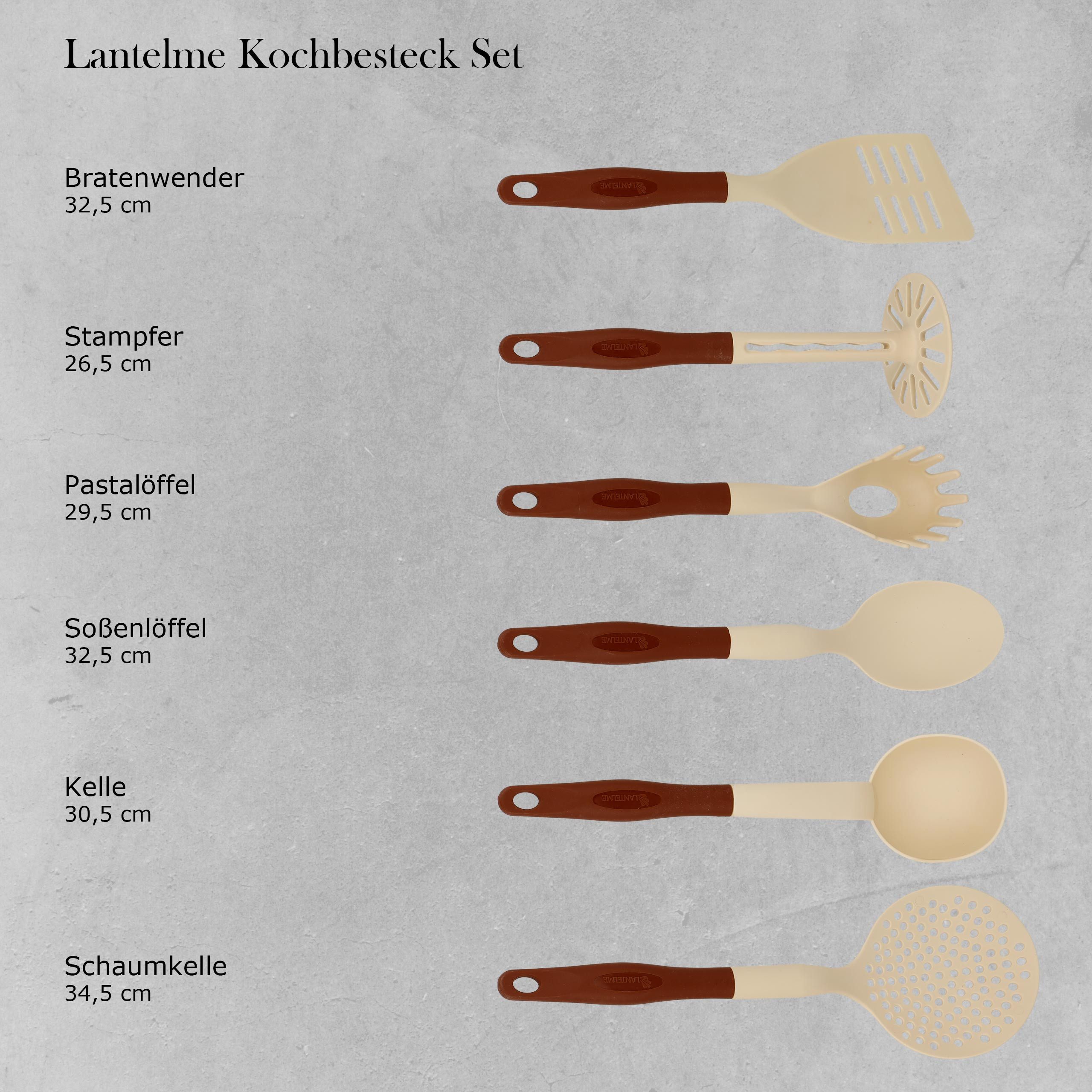 Lantelme Kochbesteck-Set Küchenhelfer Set 6 Teilig Kochutensilien in Braun Beige (6-tlg), Bratenwender, Stampfer, Pastalöffel, Soßenlöffel, Kelle, Schaumkelle