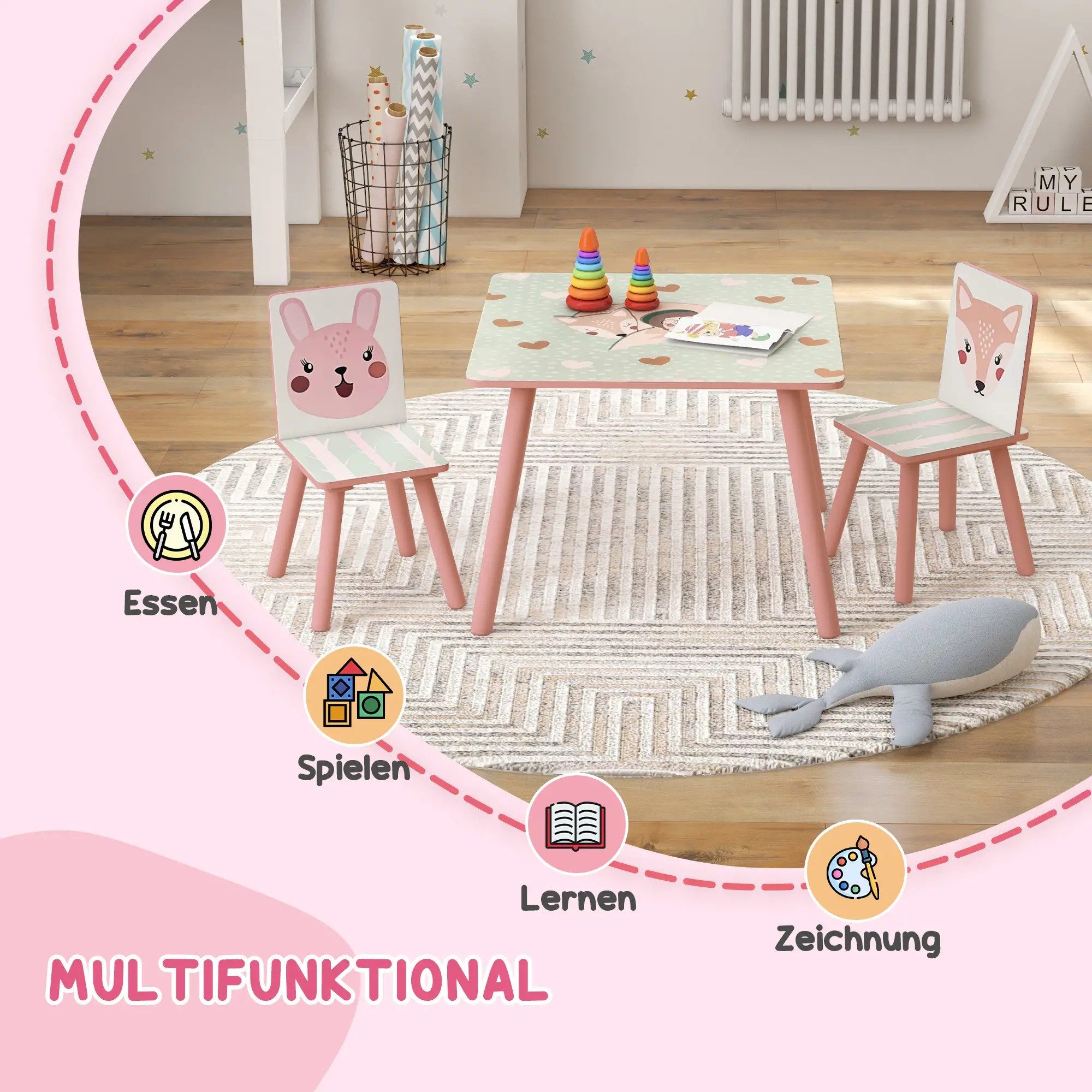 BlingBin Children's Seating Set, Children's Table with 2 Chairs, Children's Furniture Seating Set with Animal Motif (1-piece set, 3-piece, table with 2 chairs), Children's Table and Chair Set for Children's Rooms, for Children 3-8 Years Old