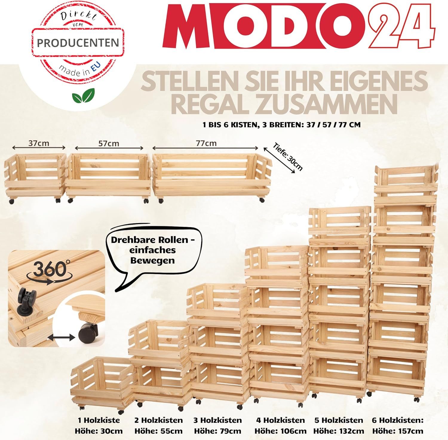 Modo24 Küchenregal Modular Holzregal für Gemüse Obst auf Rollen, Stapelbares Regalsystem, Kartoffelsteige, Küchenregal, Vorratsregal, Gemüseregal, 3 Farben
