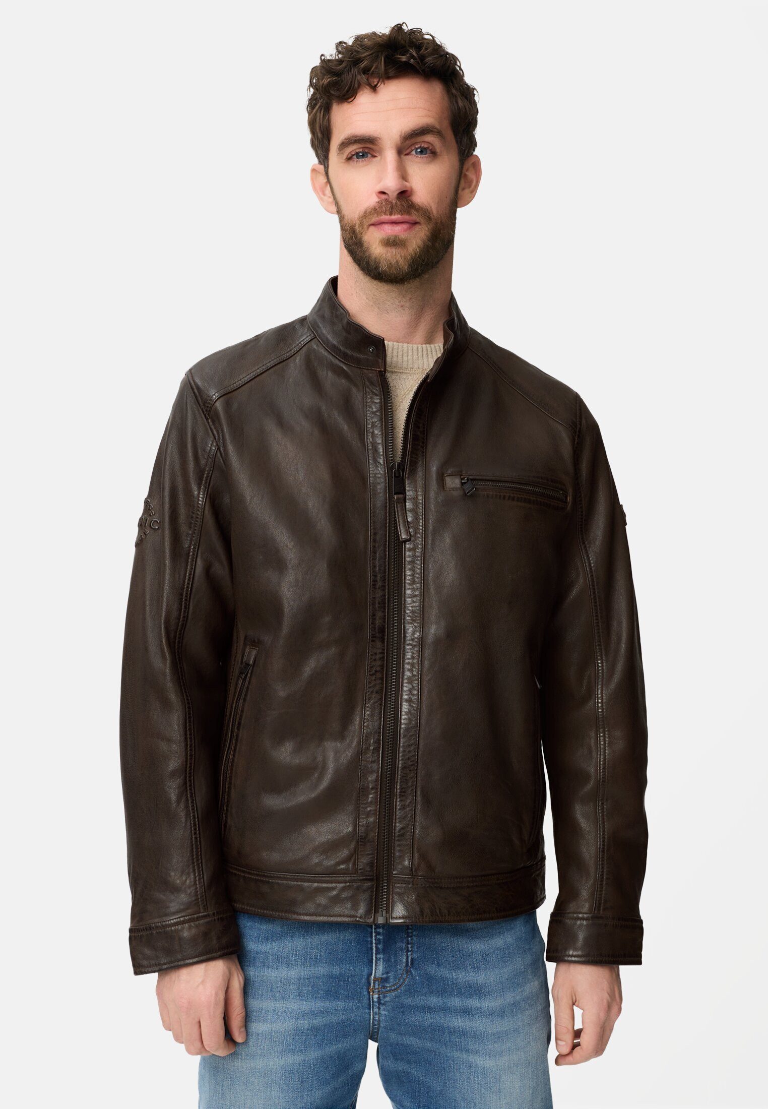 camel active Lederjacke mit Innentaschen Langarm