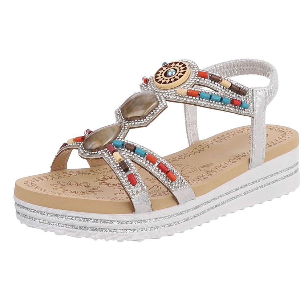 Ital-Design Damen Sandalen mit Stein- und Perlenverzierungen, Freizeit Plateausandaletten (91512190) Keilabsatz/Wedge Keilsandaletten in Silber
