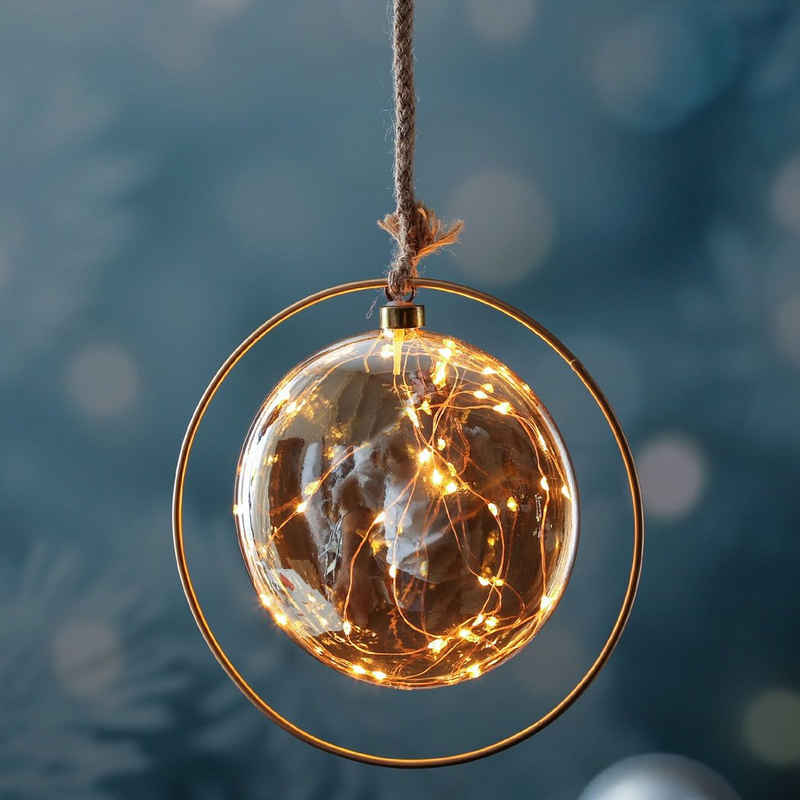 MARELIDA LED Dekolicht LED Glaskugel im Ring Deko Kugel Juteseil beleuchtet Timer D:26cm gold, LED Classic, ultra-warmweiß / bernstein (1800K bis 2100K)