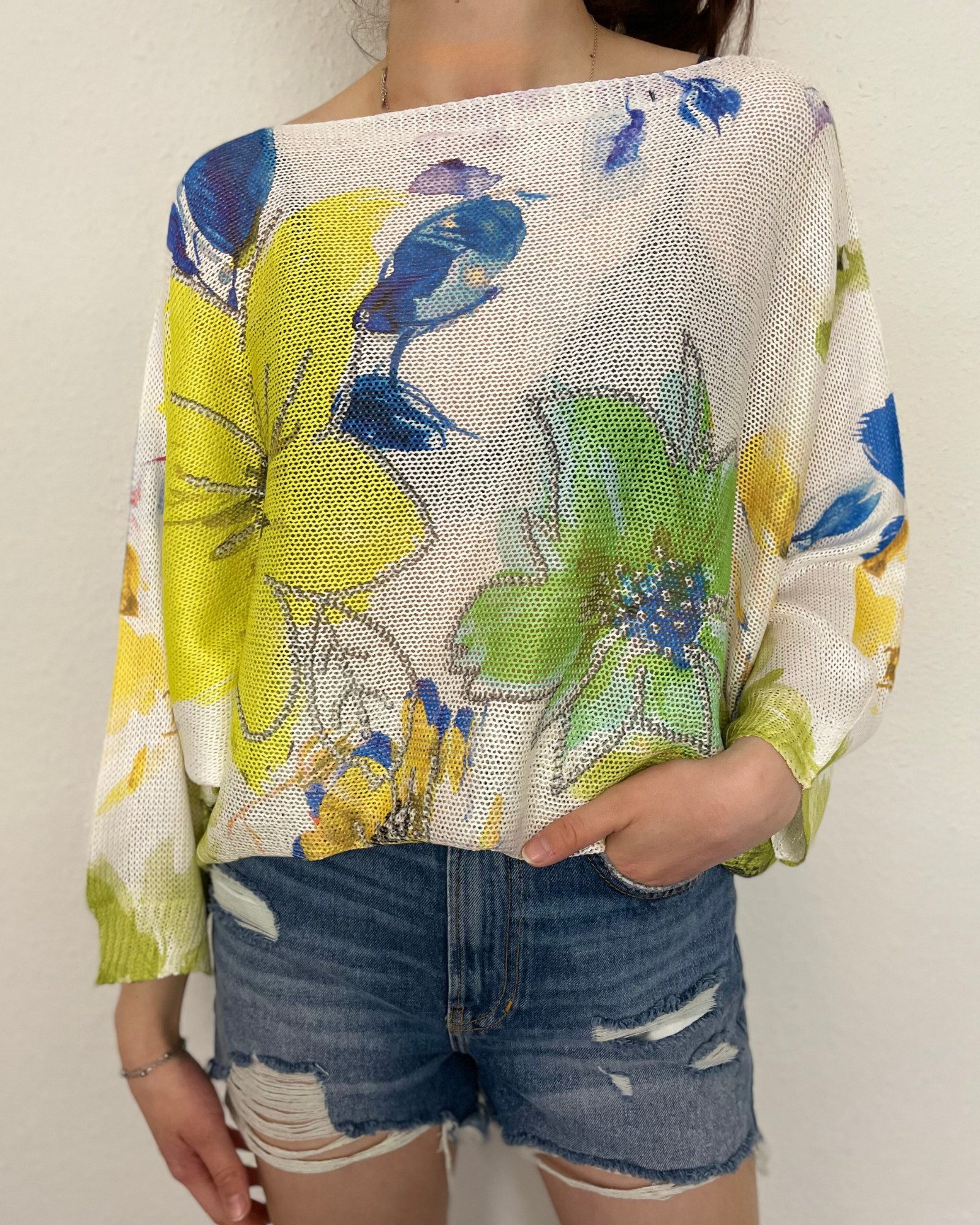 ITALY VIBES Langarmshirt - Shirt FLORES - Langarmshirt gemustert - Blumen - dünner Pullover - ONE SIZE passt hier Gr. XS - XL