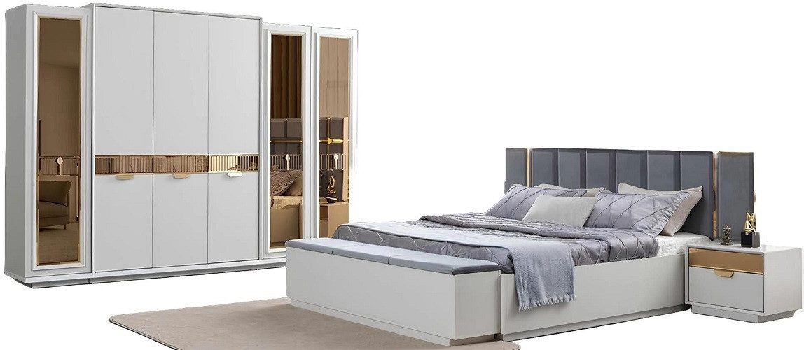 Komplettschlafzimmer Elegantes Schlafzimmer-Set in Weiß, Gold und Blau mit Edelstahl