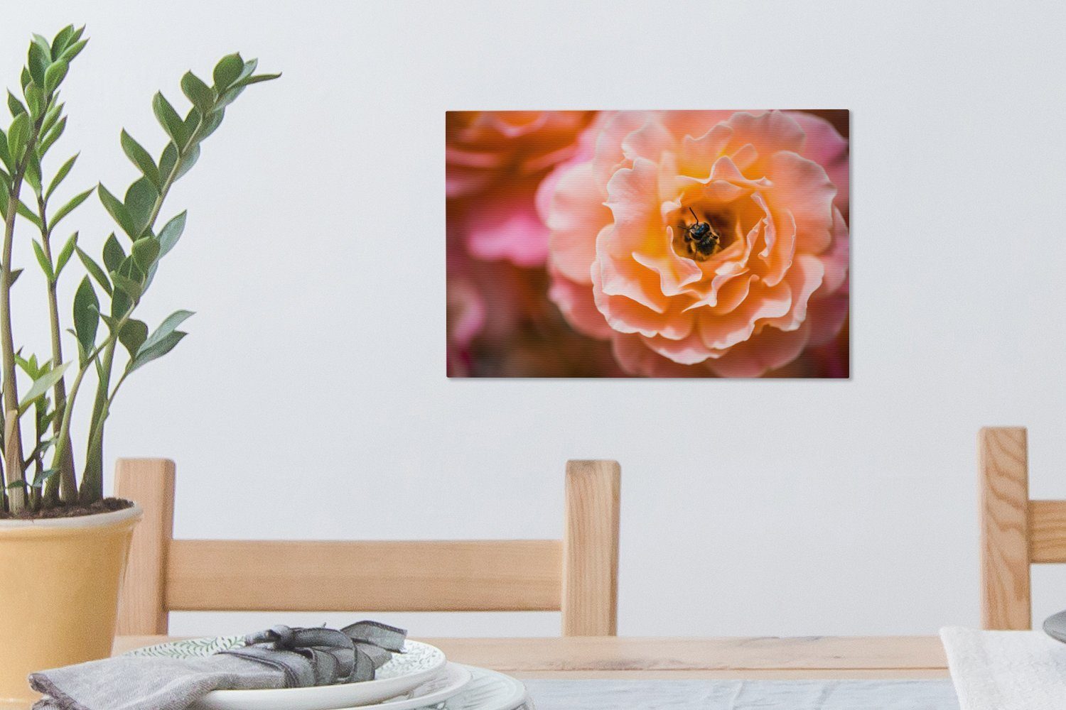 Leinwandbilder, (1 - Aufhängefertig, Blume Biene, Leinwandbild - OneMillionCanvasses® cm Wandbild Wanddeko, St), 30x20 Rose