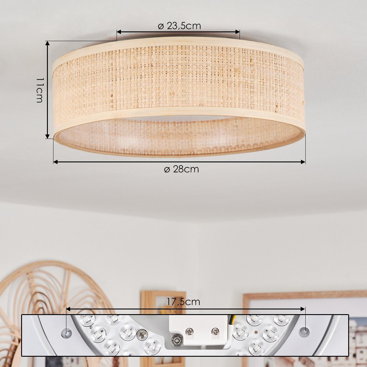 hofstein Deckenleuchte dimmbare Deckenlampe aus Rattan/Kunststoff in Natur/Weiß, LED fest integriert, 3000 Kelvin, über herkömmlichen Lichtschalter dimmbar, LED 24 Watt, 3100 Lumen