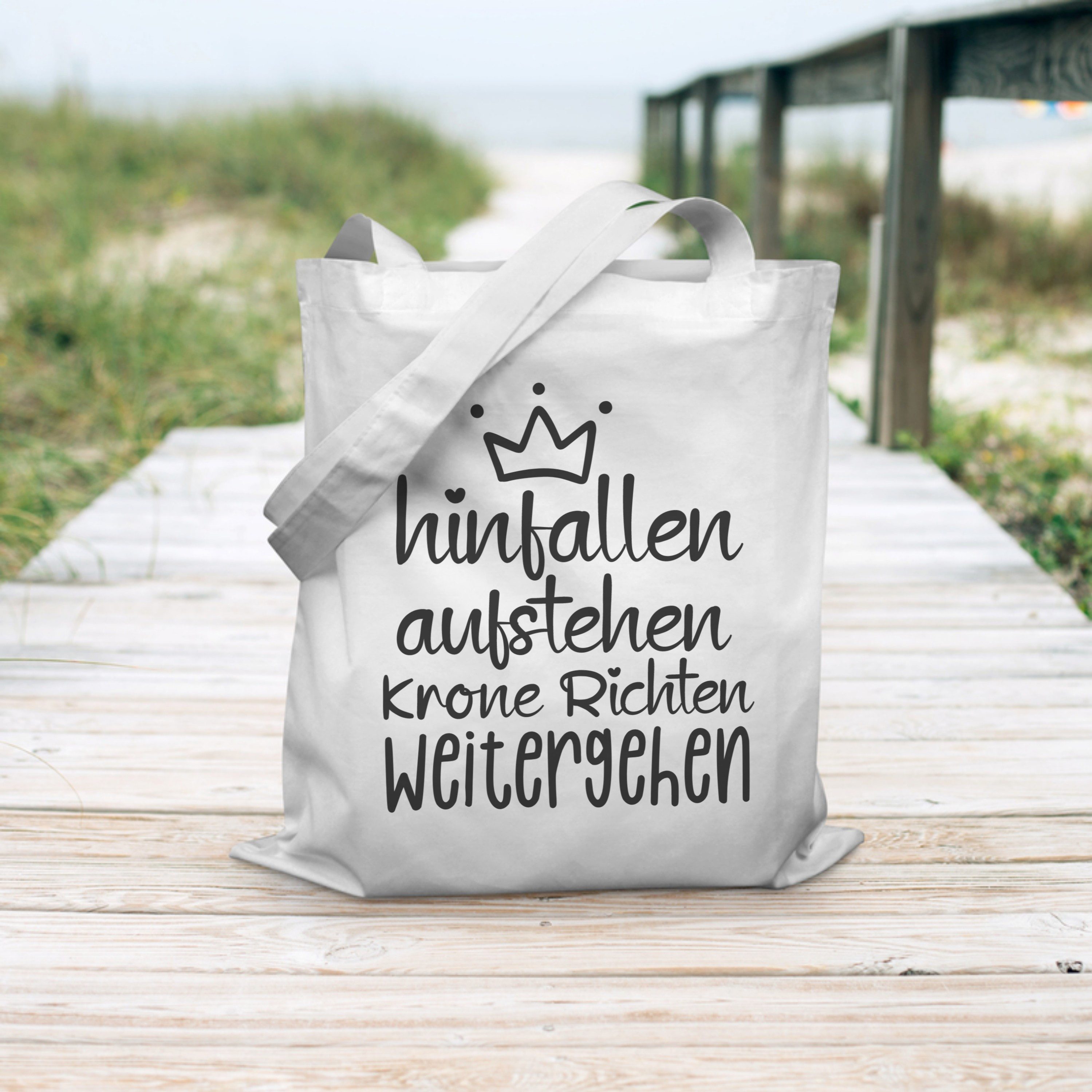 PhotoFancy Tragetasche mit Spruch 'Hinfallen, Aufstehen, Krone Richten' - Stoffbeutel, mit lustigem Spruch