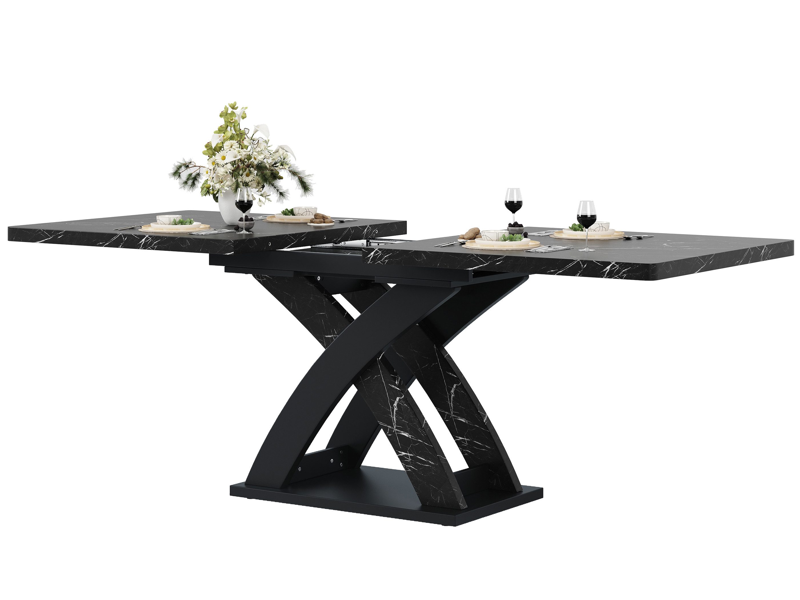SeedWave Esstisch Küchentisch in Marmor-Optik mit Erweiterbarer Tischplatte, Stauraum, 120cm bis zu 160cm, Ausziehtisch mit Verstellbaren Füßen