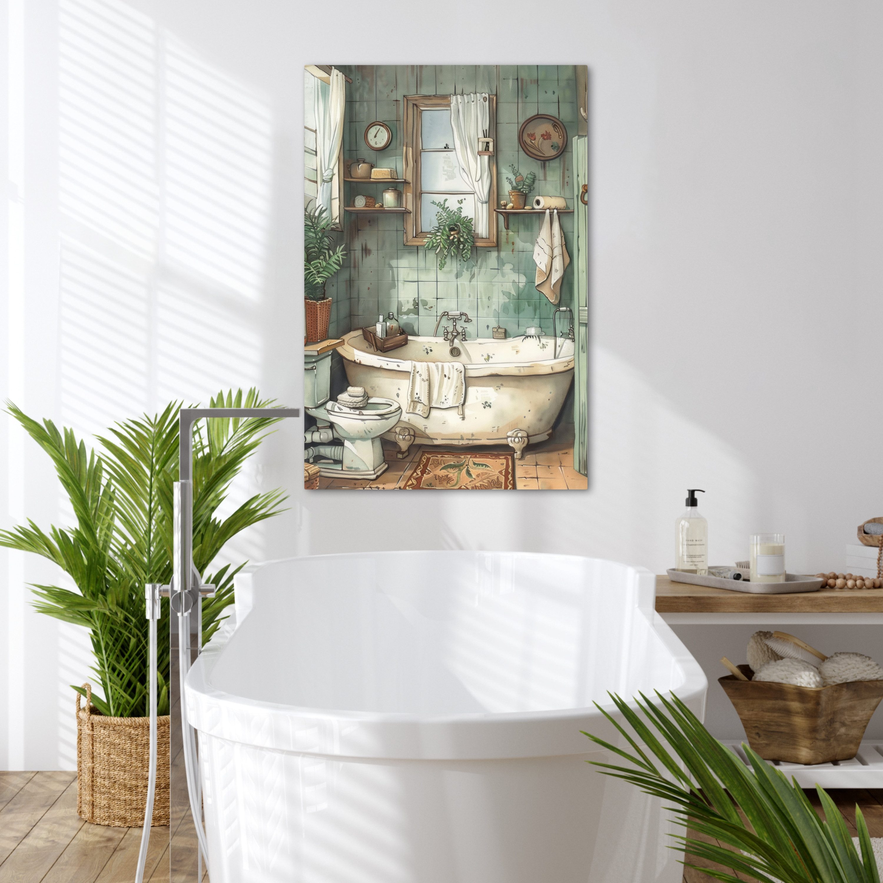 OneMillionCanvasses® Leinwandbild Vintage - Badewanne - Badezimmer - Illustration, Fotodruck (1 St), Badezimmer Deko, Bilder WC, Toilette Wanddeko 60x90 cm