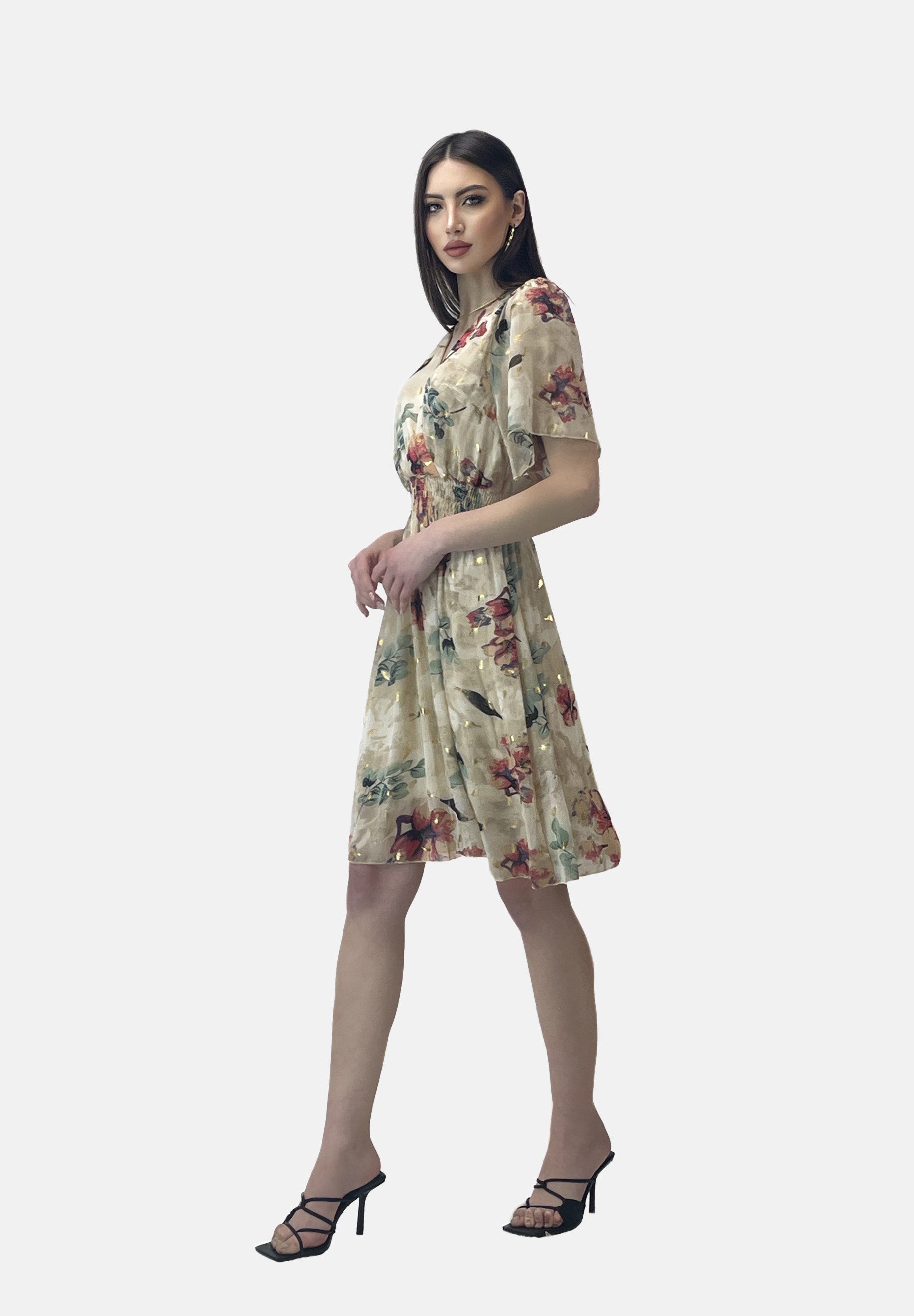 Elara Sommerkleid Damen Chiffon Sommerkleid mit Blumenmuster – Wickelkleid mit Muster