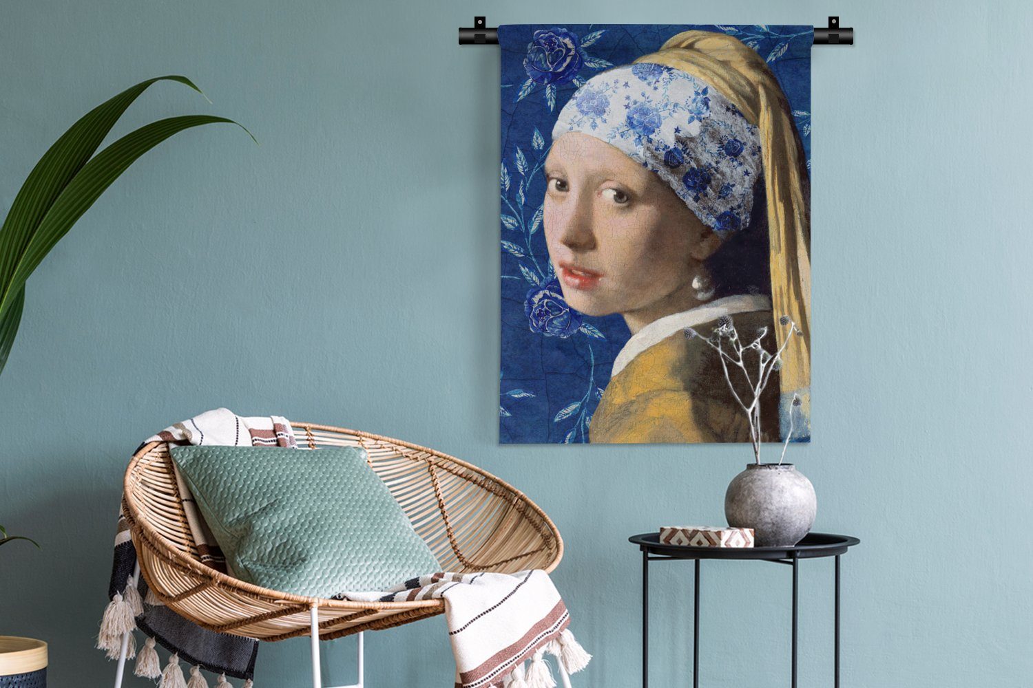 Delfter Wanddekoobjekt Vermeer an MuchoWow für Gemälde, - Tapisserie, Schlafzimmer der - - Deko Perlenohrring Wohnzimmer, - Mädchen Wand, Blumen Blau mit