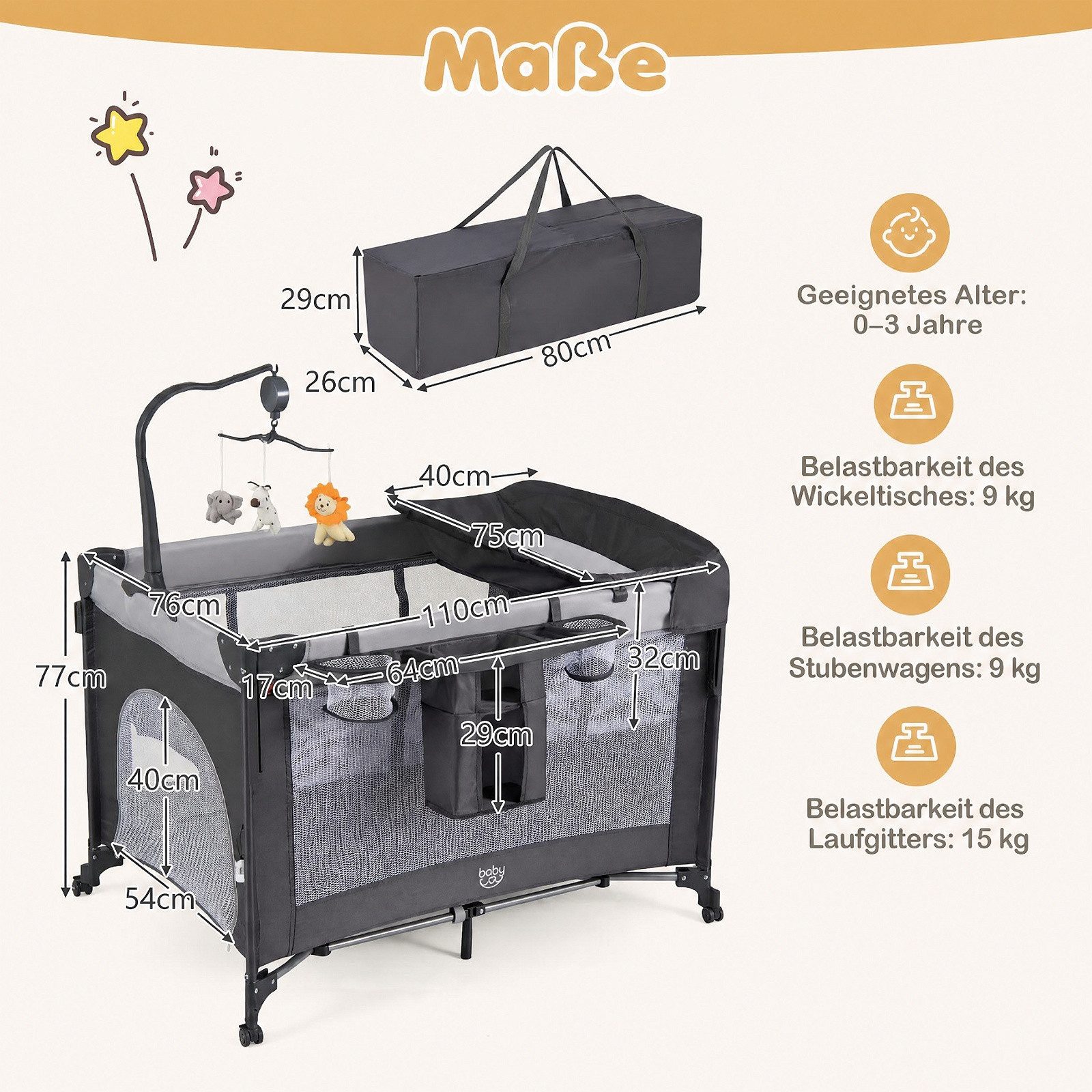 COSTWAY Baby-Reisebett Babybett Beistellbett, klappbar, mit Wickeltisch, Rollen, Ablage & Tragetasche