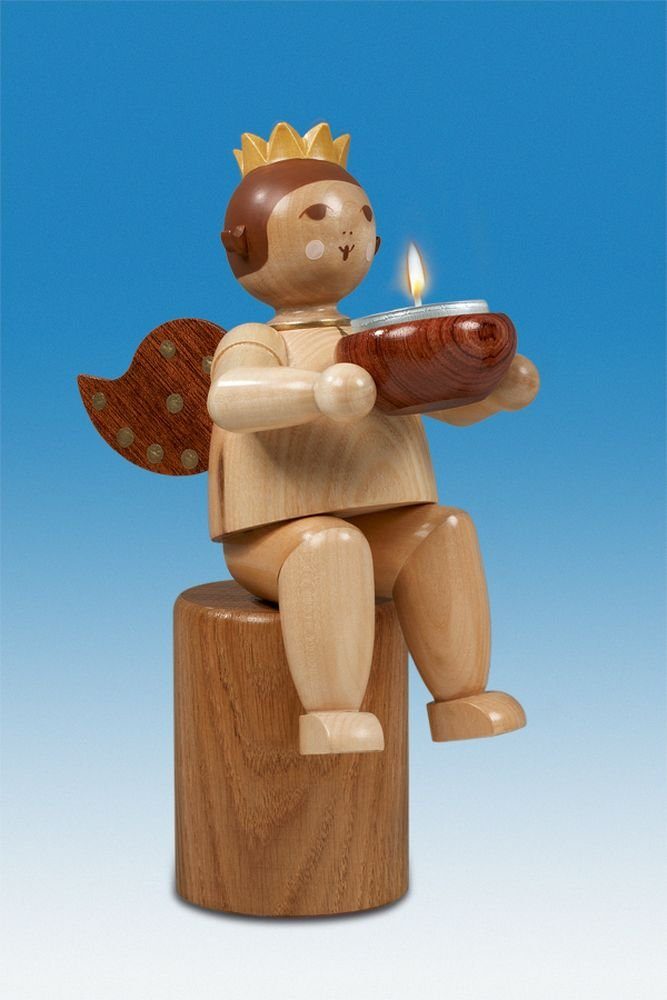 Engel natur Krone mit mit Kantenhocker Engelfigur sitzend Teelicht Höh Holzfigur