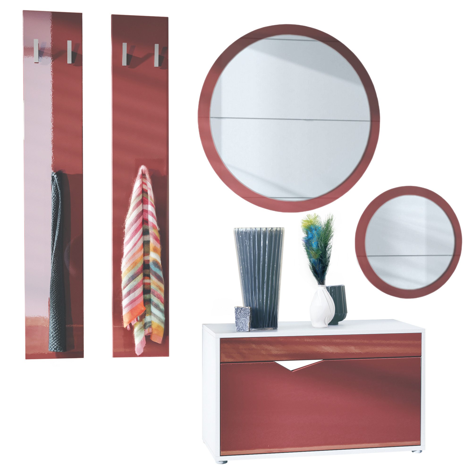 Vladon Garderoben-Set Espoo, (Flur Garderobe, mit Schuhbank, 2 Wandpaneel und 2 Runde Wandspiegel), Weiß matt/Bordeaux Hochglanz