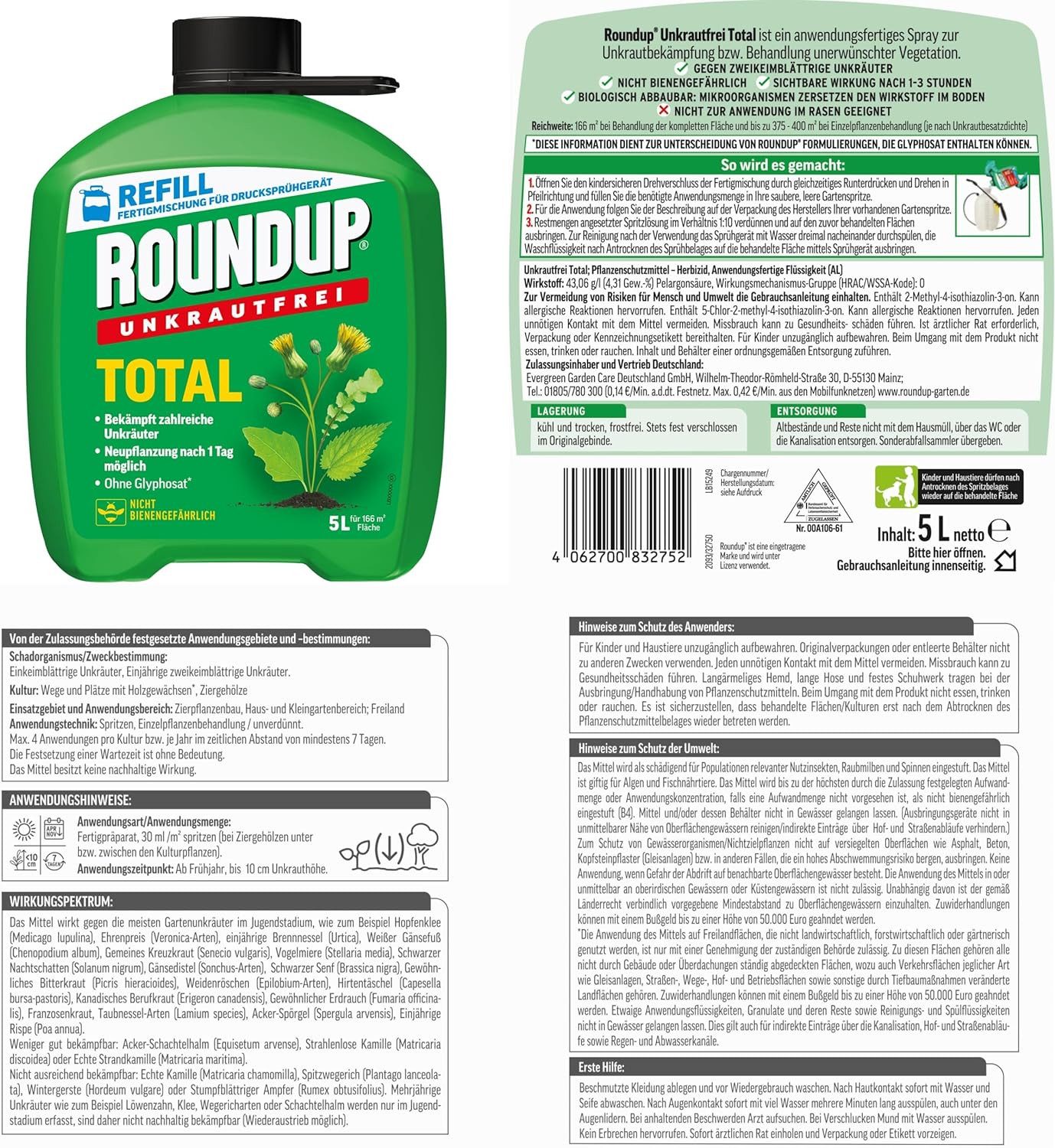 Evergreen Unkrautbekämpfungsmittel Roundup Unkrautfrei TOTAL, 5 L Fertigmischung