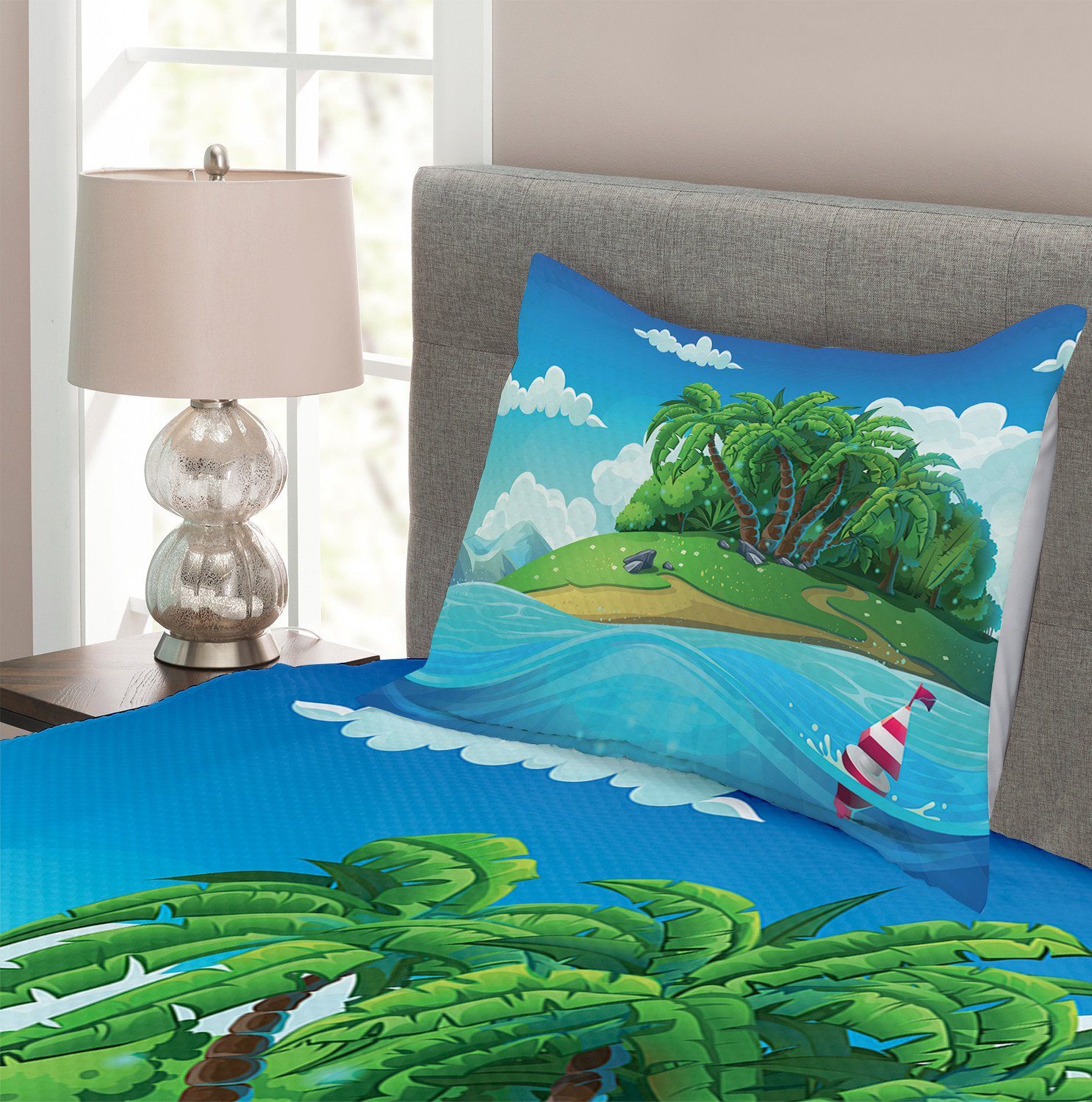 Tagesdecke Set Kissenbezügen Aquatic mit Tropisch Seascape Waschbar, Muster Abakuhaus