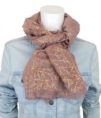 Ella Jonte Modeschal, dunkelrosa breiter leichter Schal mit goldfarbenem Blatt Motiv