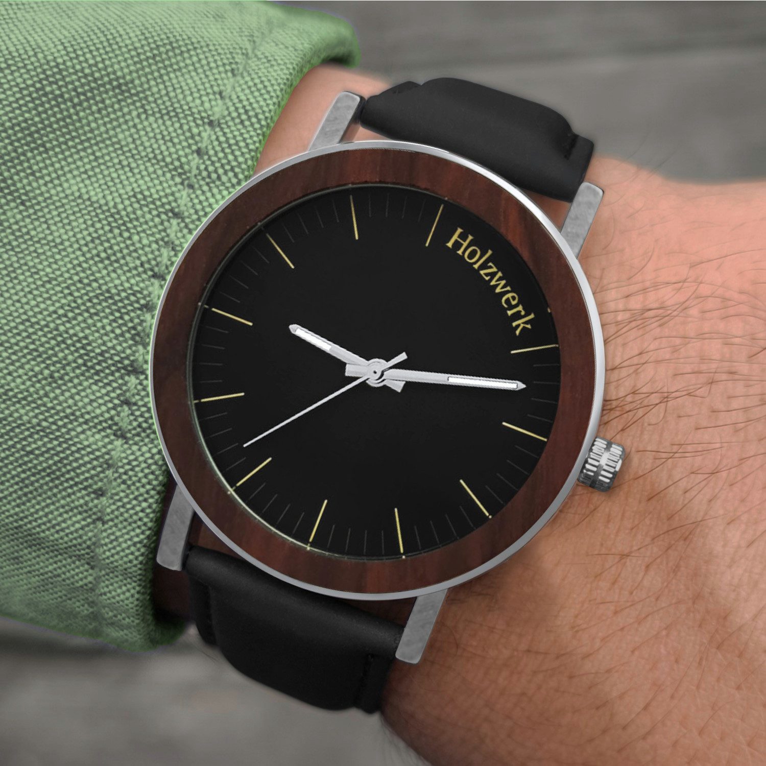 Holzwerk Quarzuhr FULDA Damen und Herren Leder & Edelstahl Holz Uhr, schwarz, braun FULDA
