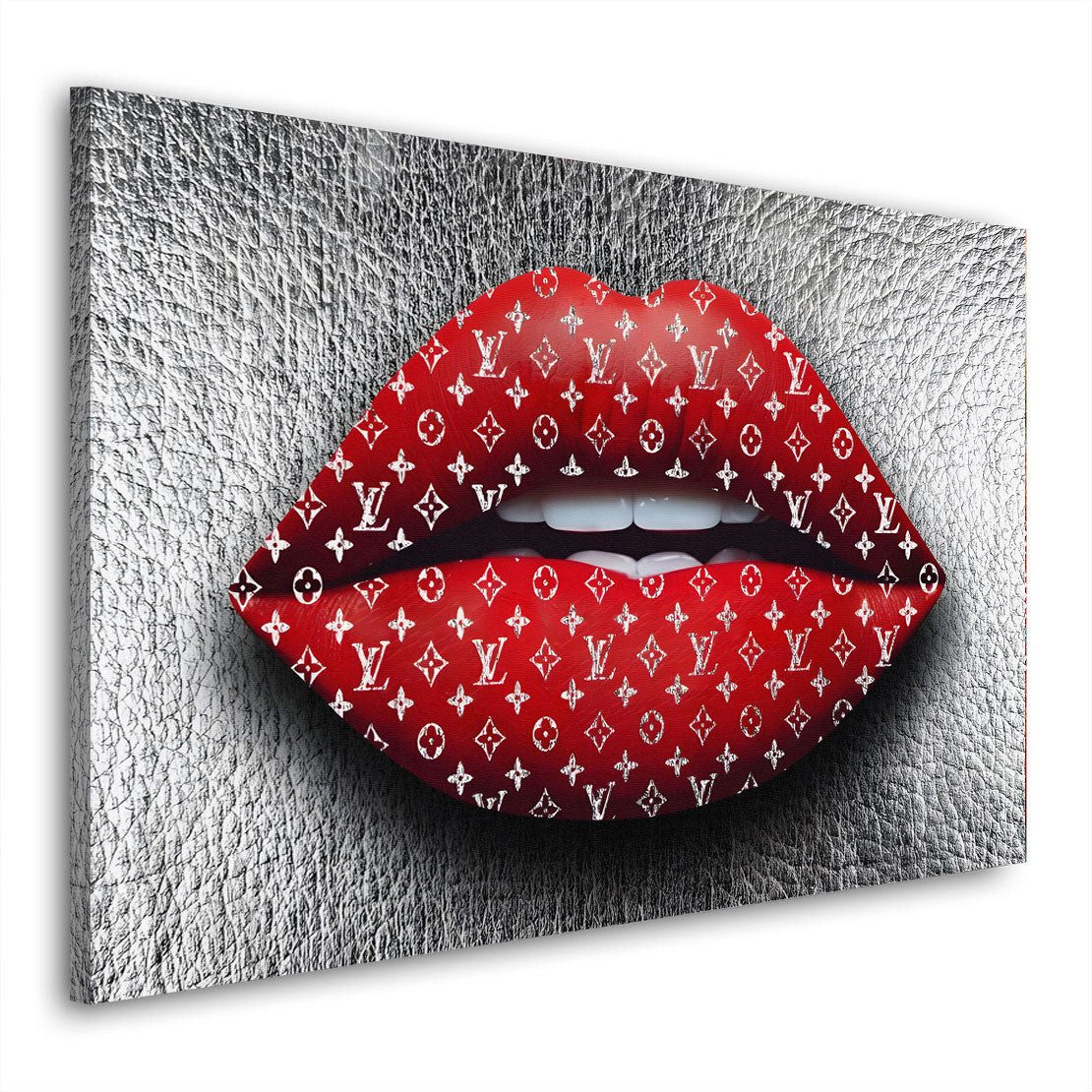 Artedinoi Leinwandbild Rote Lippen mit Luxusmuster auf silbernem Hintergrund Wandbild XL Wand, Rote Lippen auf Silber