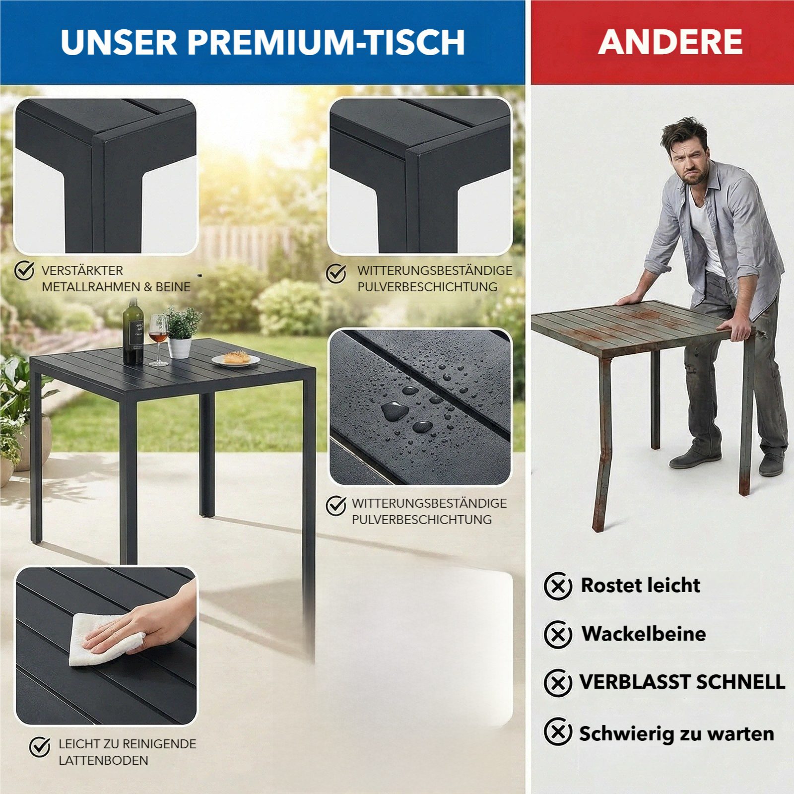 TLGREEN Gartentisch Aluminiumrahmen Quadratisch (75x75cm WPC Balkontisch Wetterfest, Quadratisch Terrassentisch, 1 Tisch), Esstisch Outdoor, Hitze- und Wetterbe – Bild 4 von 5