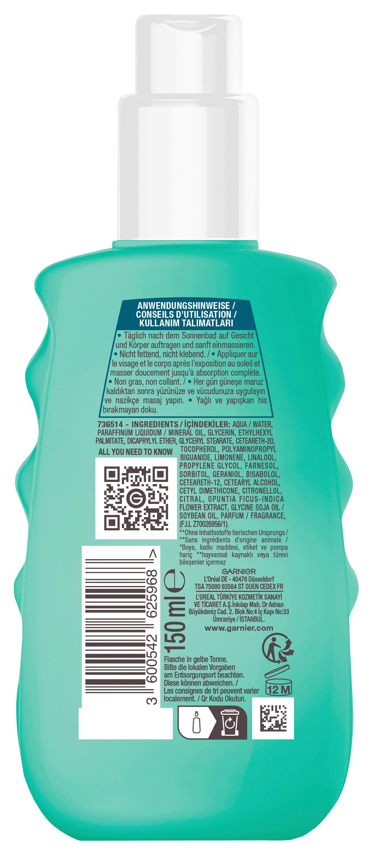 GARNIER After Sun-Spray AMBRE SOLAIRE AFTER SUN 24H FEUCHTIGKEITS-SPRAY, spendet Feuchtigkeit, wirkt Spanungsgefühlen und Rötungen entgegen.