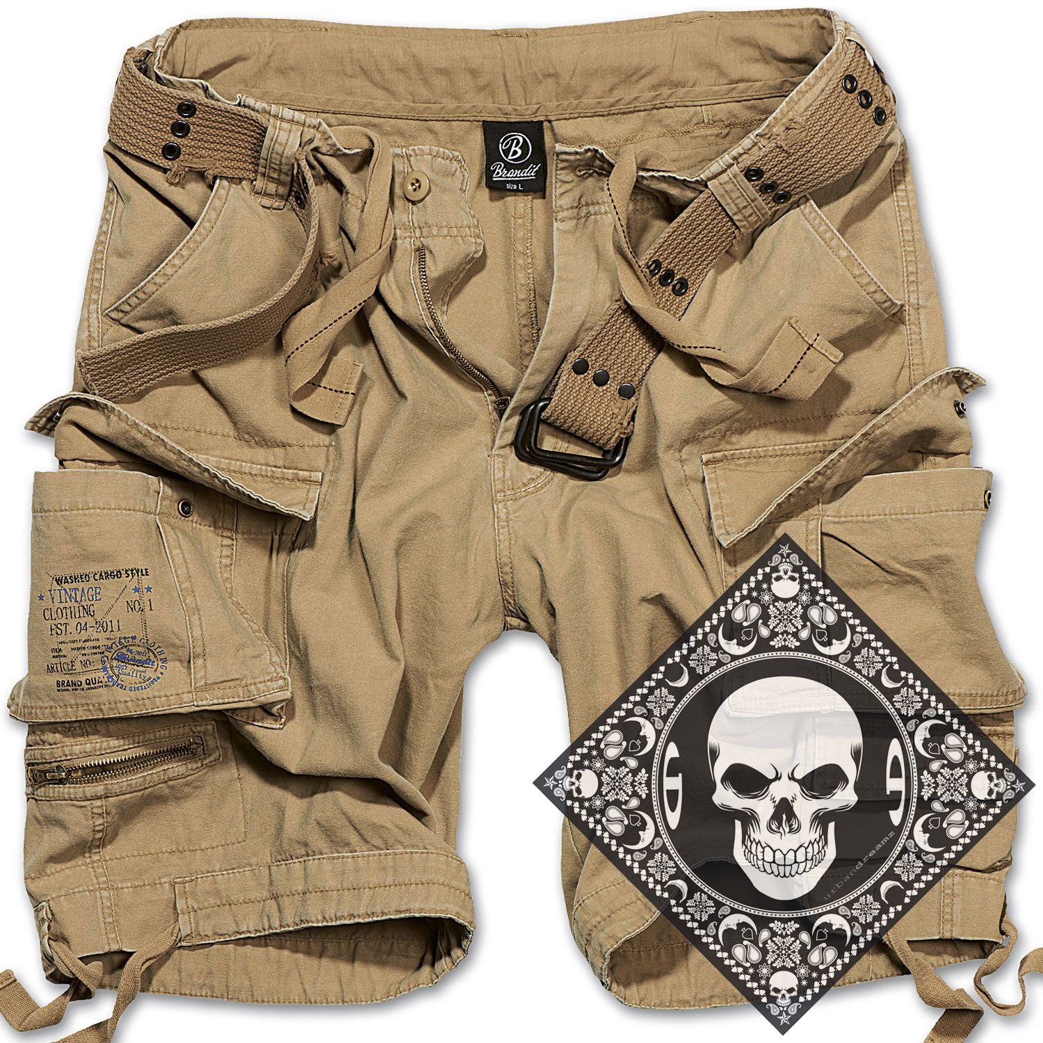 Brandit Cargoshorts Cargo Shorts kurze Hose robust schwere Qualität mit UD Bandana