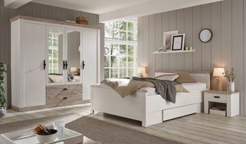 Furn.Design Komplettschlafzimmer Rovola, (in Pinie weiß Landhaus, Set 4-teilig), mit 4-türigem Kleiderschrank
