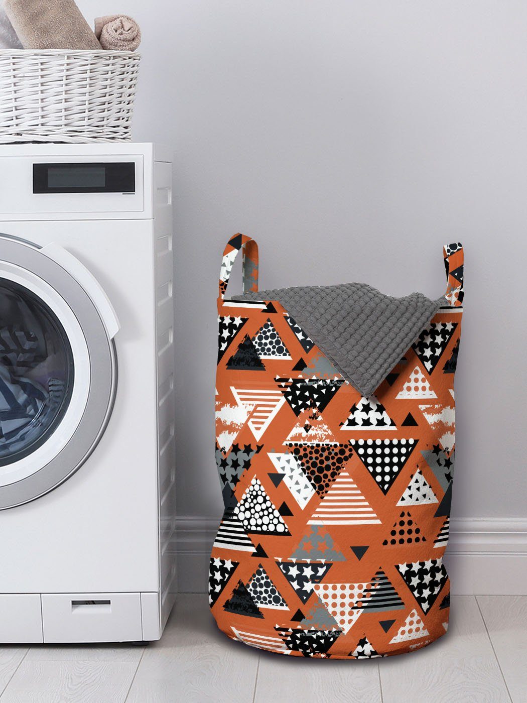 Ornamente mit Waschsalons, Wäschesäckchen Geometrisches Griffen Dreieck Wäschekorb Kordelzugverschluss für Orange Abakuhaus
