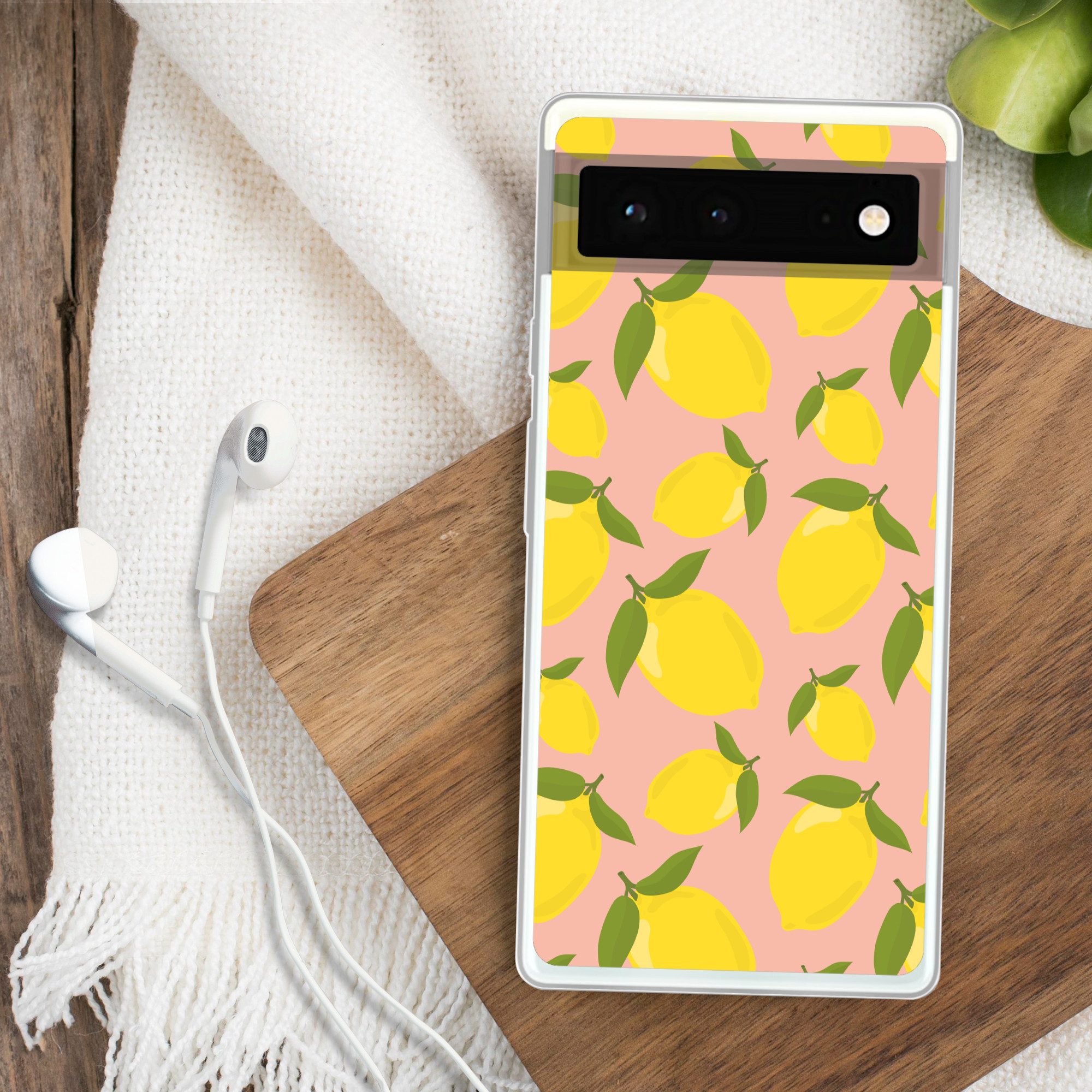 MuchoWow Handyhülle für Google Pixel 6 Zitronen - Gelb - Rosa - Muster - Obst, Handy Case, Silikon, Bumper Case Dünn