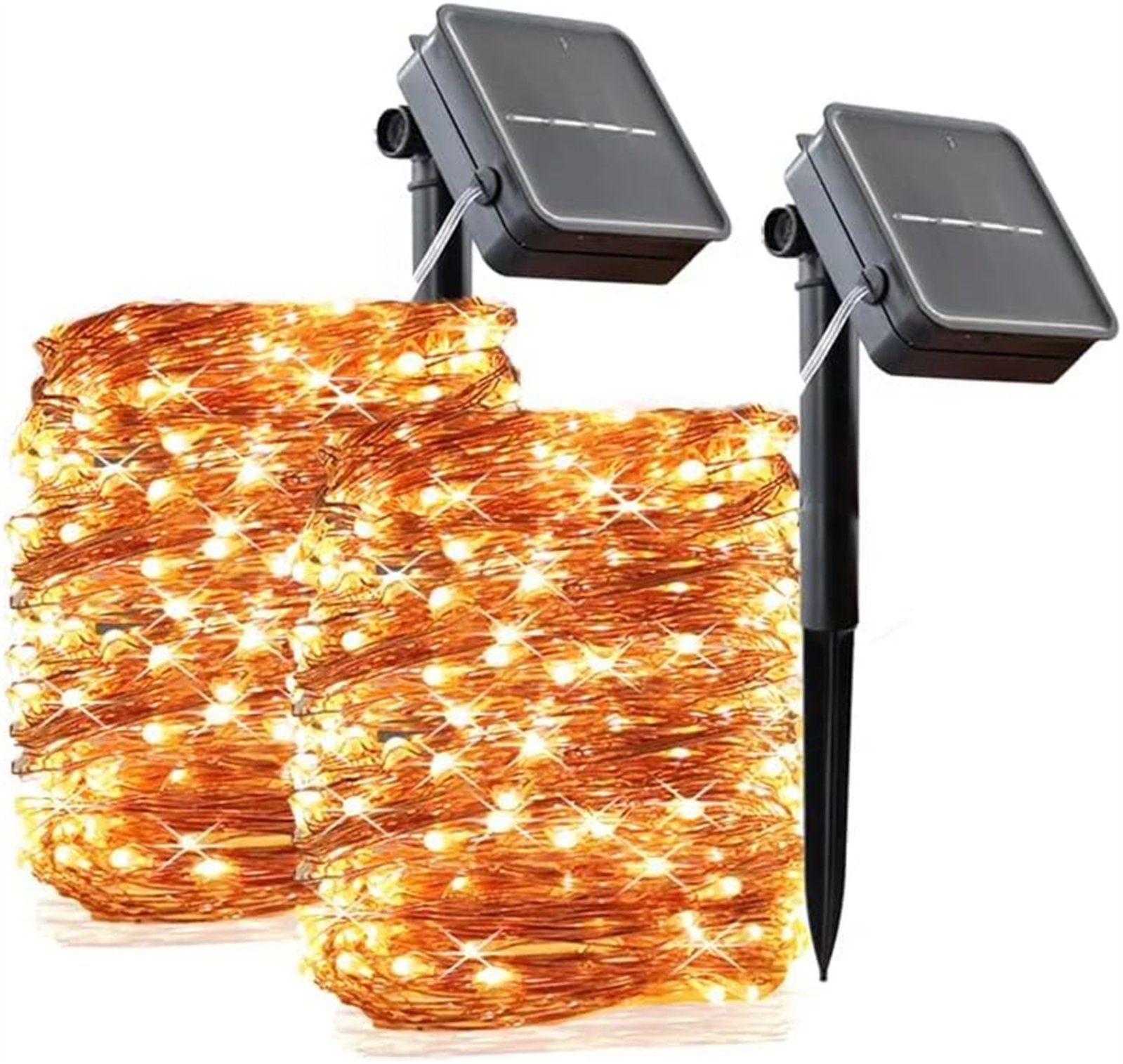 LQWELL LED Solarleuchte 2er 12m Solar Lichterkette Außen Kupferdraht, LED, Warmweiß, IP65 wasserdicht, 120LED