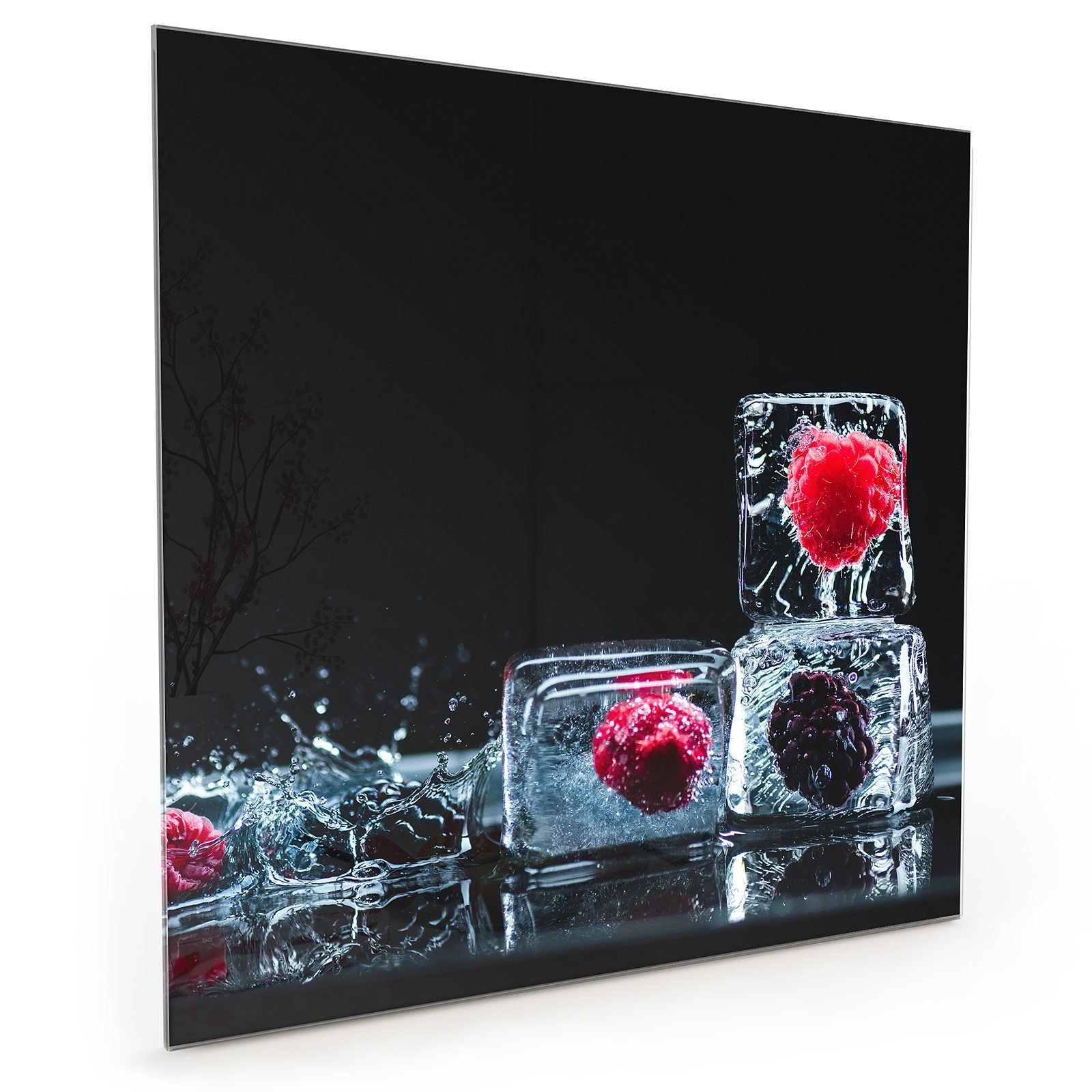 Primedeco Küchenrückwand Küchenrückwand Spritzschutz Glas mit Motiv Beeren in Eiswürfel