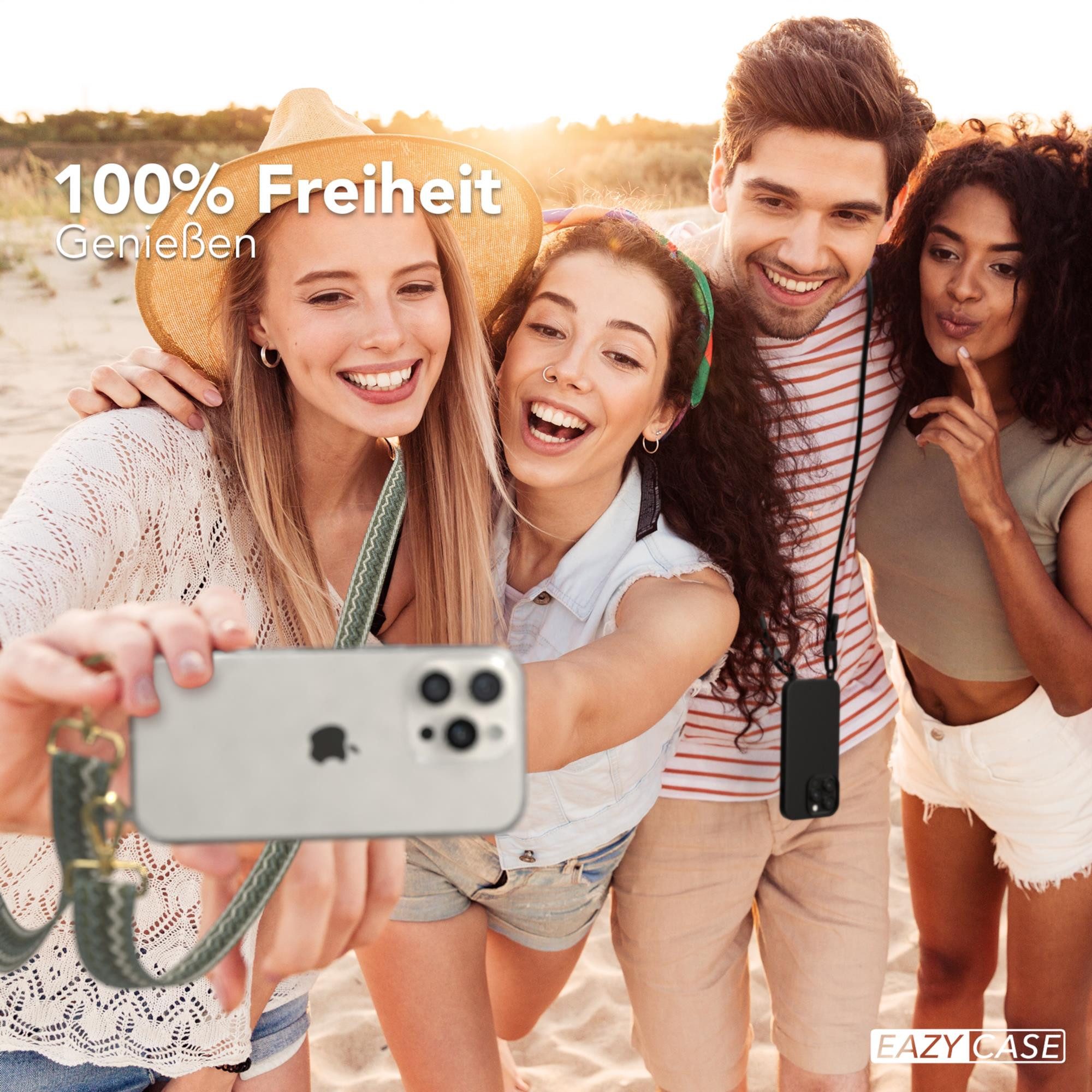 EAZY CASE Handykette Silikonhülle mit Kette für Apple iPhone 16 Pro 6,3 Zoll, Verstellbarer Trageriemen Wave Case transparent DIY Gürteltasche Grün