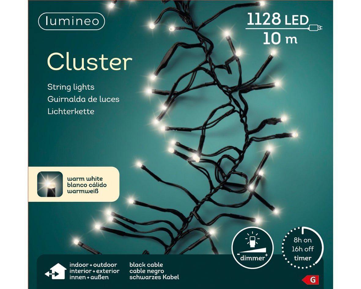 schwarzes Lumineo Outdoor LED-Lichterkette 1128 weiß, Dimmbar, Indoor, m Kabel, 10 Timer, Lumineo Timer, LED warm Cluster