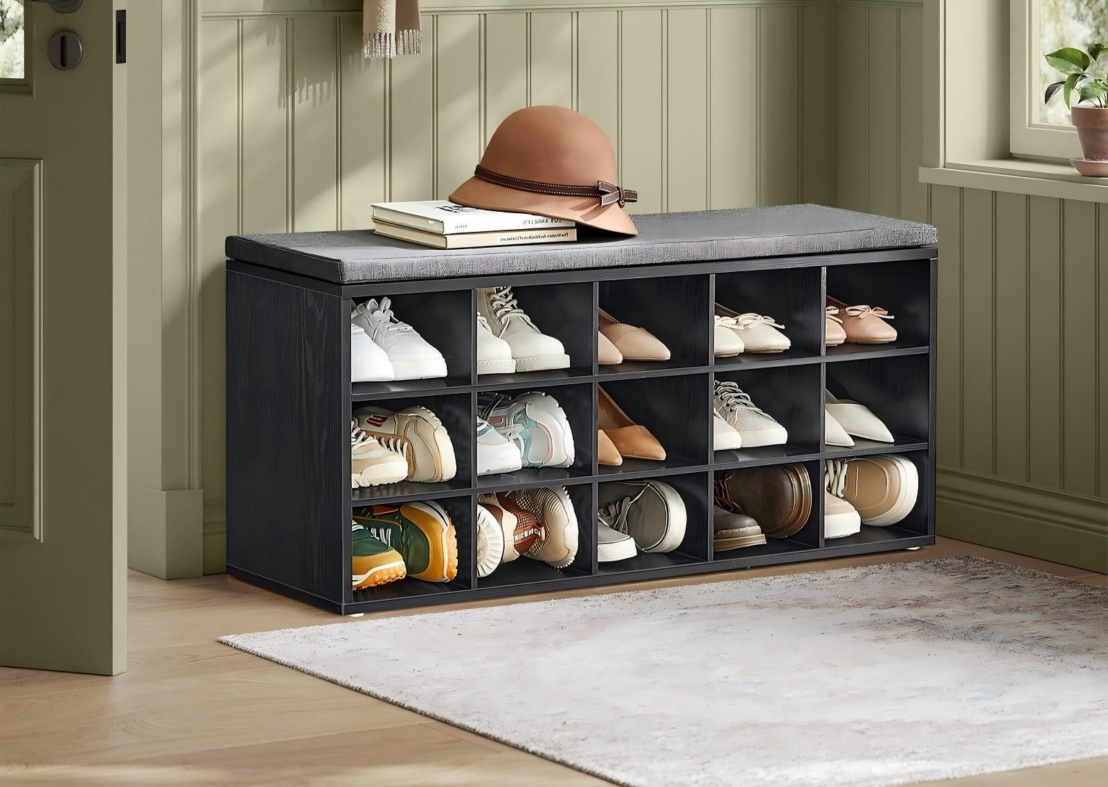 VASAGLE Schuhbank Sitzbank, Schuhregal mit Sitzfläche, mit Kissen und 15 Fächern, 105 x 30 x 48 cm