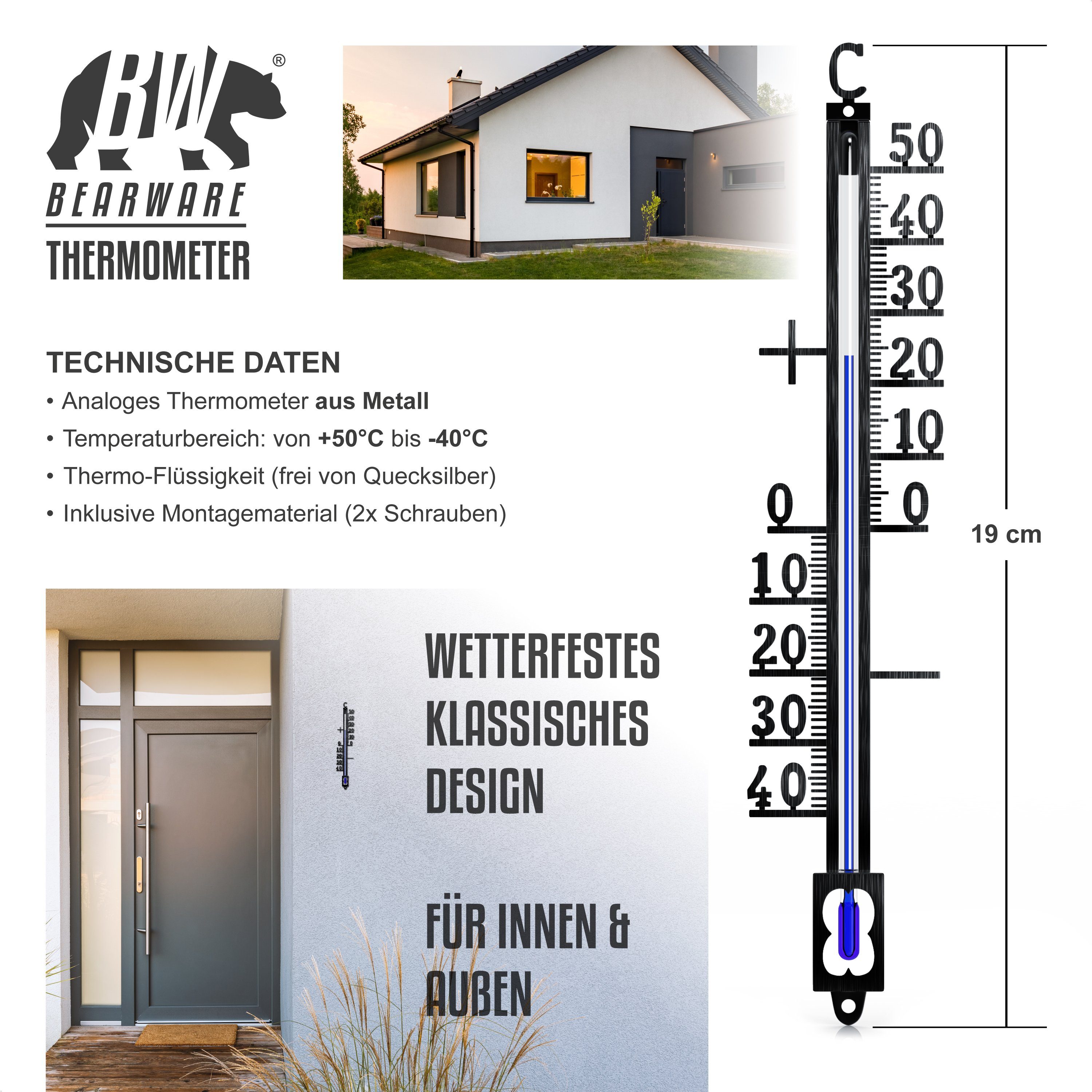 BEARWARE Analoges Thermometer aus Metall, Außenthermometer wetterfest, Außenwetterstation (Montagematerial, Messbereich -40° bis +50° C – klassisches Design)