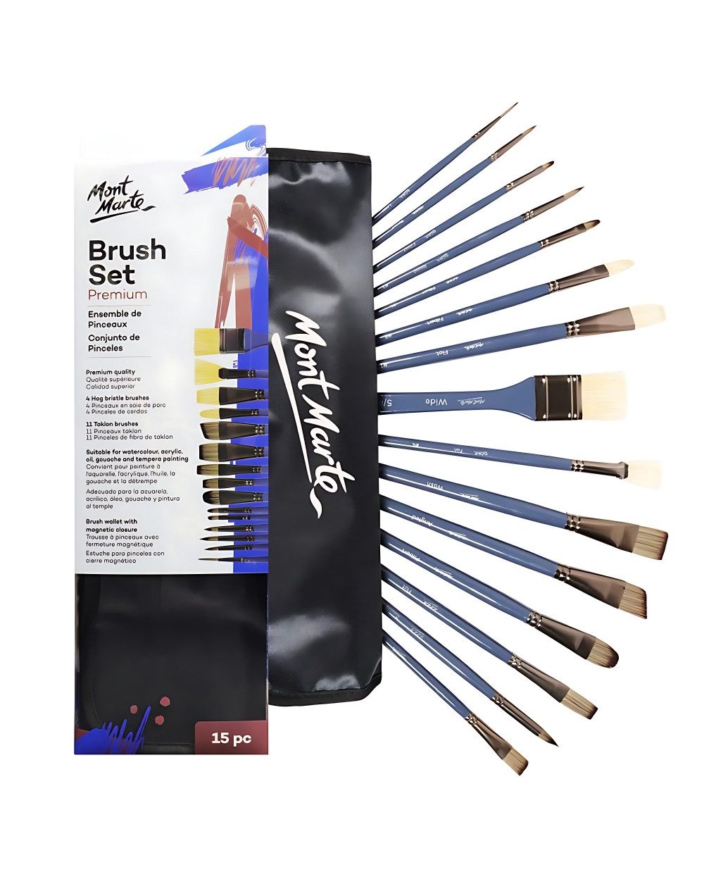 Mont Marte Malpinsel 15-teilig Set – Hochwertige Taklon & Borstenpinsel mit Magnettasche, (15 St), geeignet für Aquarell, Acryl, Öl, Gouache & Tempera-Malerei