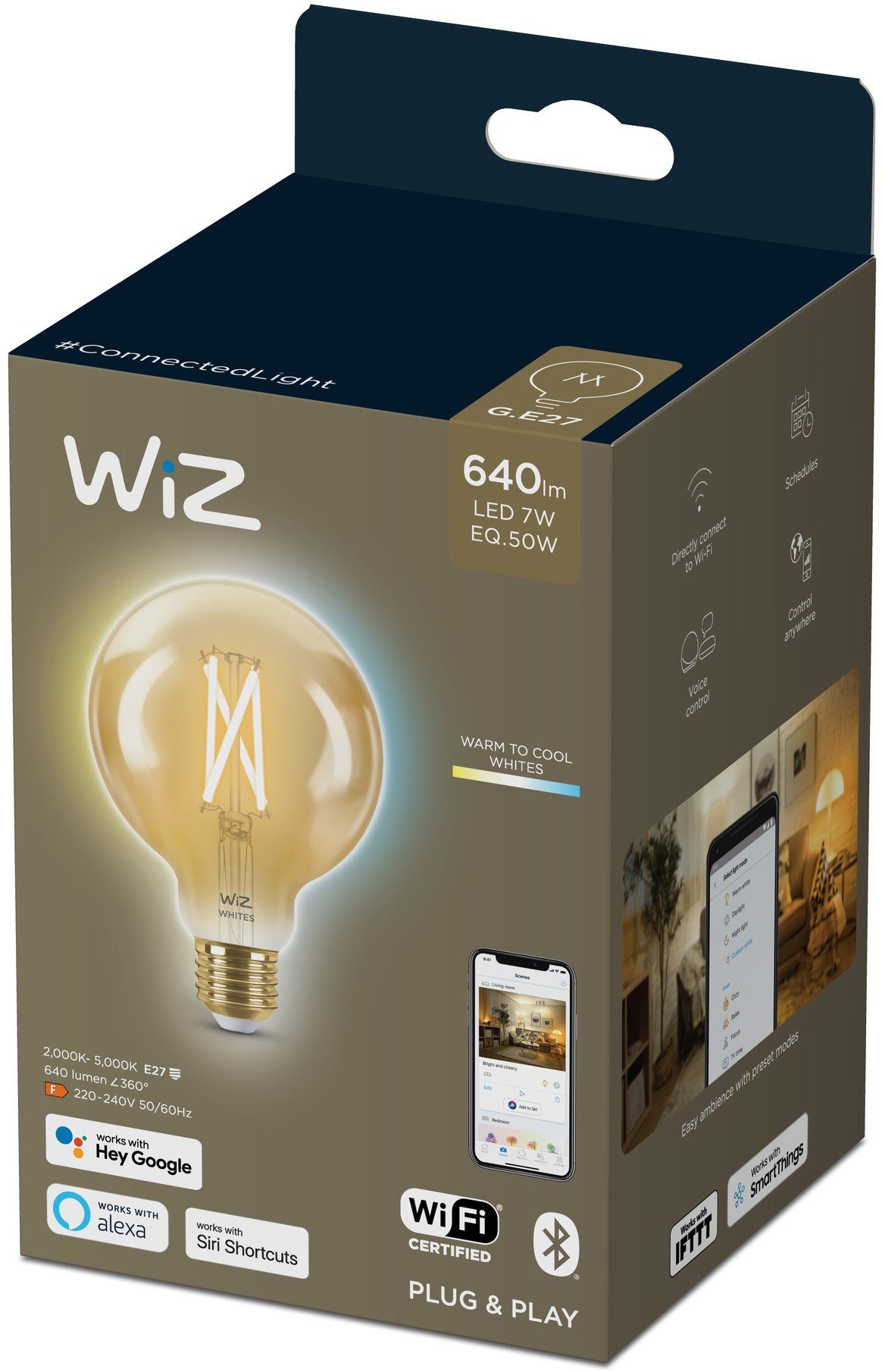 Einzelpack, Warmweiß, LED-Filament E27 White LED Filament Filament Globeform für Wiz klassisches WiZ Amber Vintage-Design 50W G95 E27, 1 Tunable St., Lampen