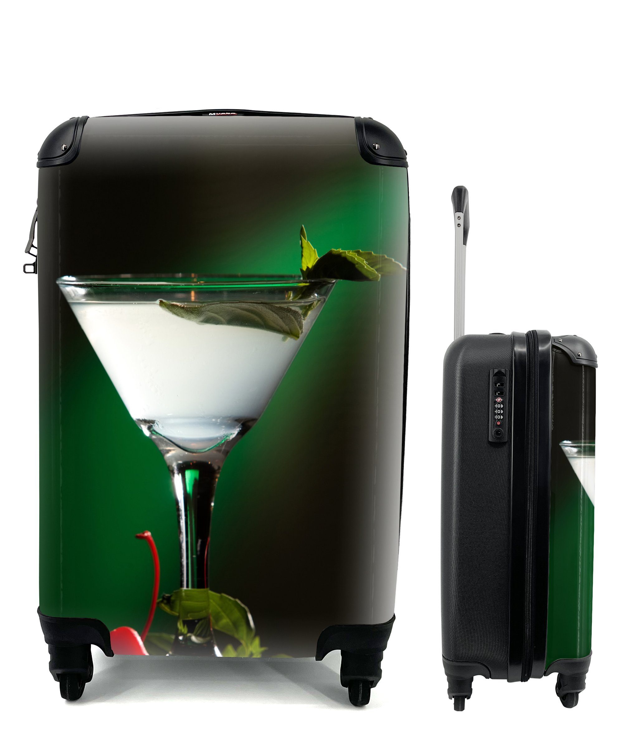 MuchoWow Handgepäckkoffer Martini-Cocktail mit Minzblättern auf grünem Hintergrund, 4 Rollen, Reisetasche mit rollen, Handgepäck für Ferien, Trolley, Reisekoffer