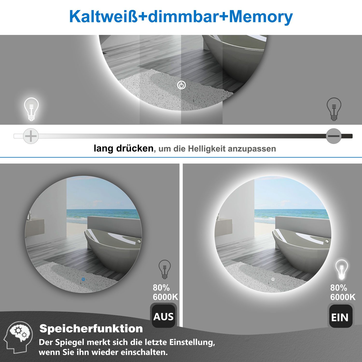 duschspa Badspiegel Kaltweß LED Beleuchtung Wandspiegel Hinterbeleuchtung 50-100cm, Touch/Wandschalter, 1 Stunde Abschaltung