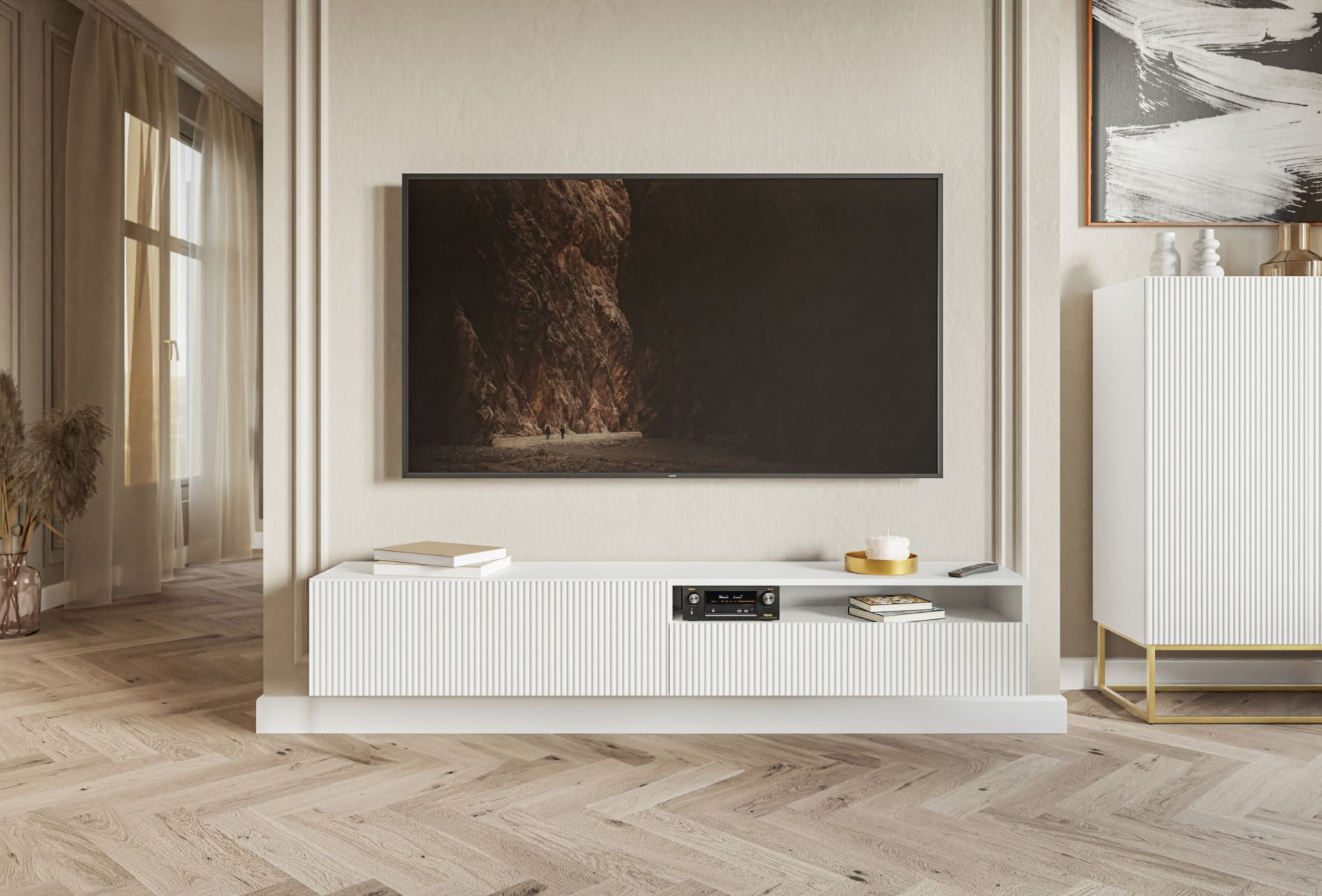 Selsey TV-Schrank VELDIO TV-Hängeboard Veldio 175 cm – Lowboard mit Riffel-Optik & offenem Fach
